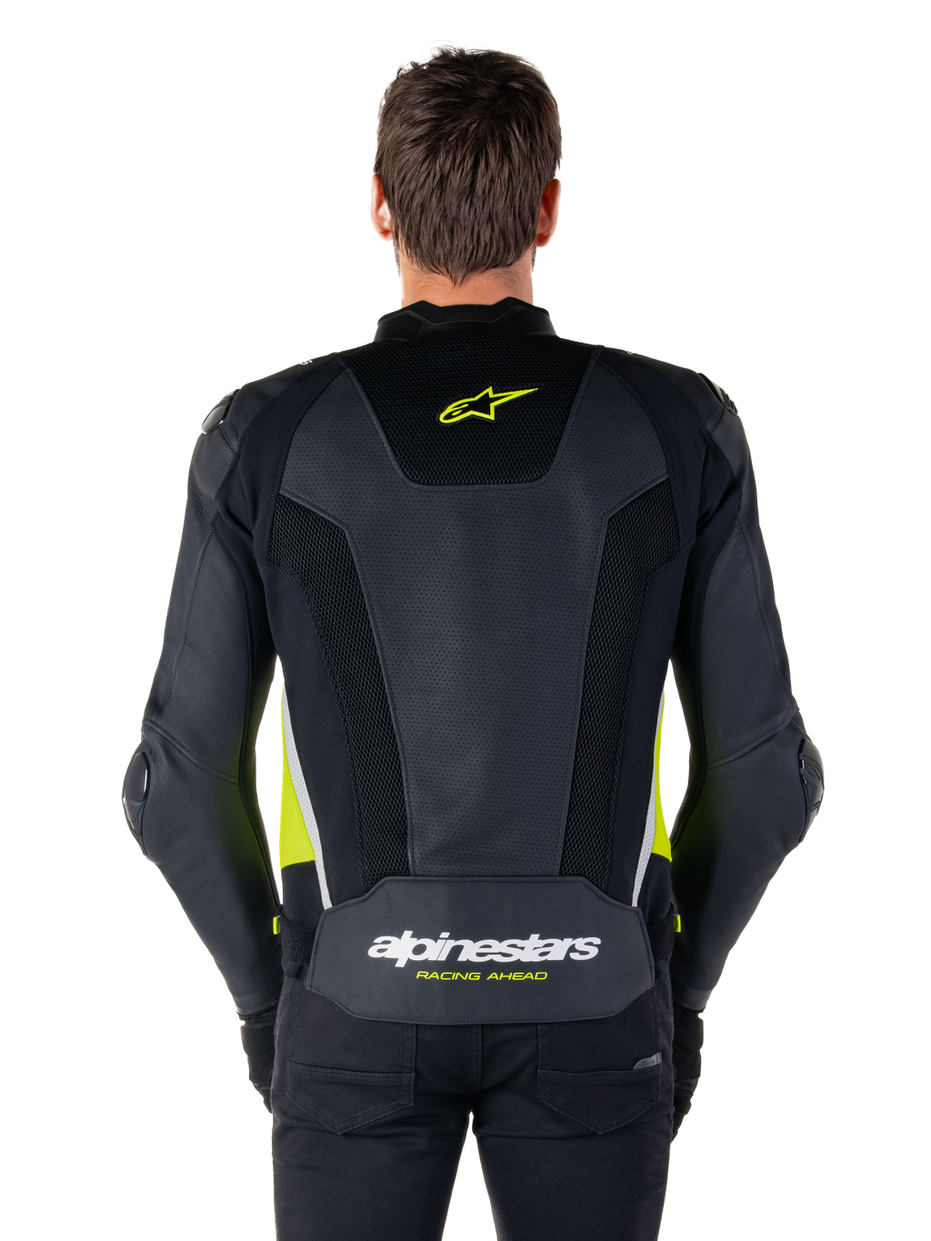 Veste en cuir Alpinestars Missile V3 Airflow, vue arrière, noir avec accents jaune fluo et blanc, larges panneaux en cuir perforé pour la ventilation, logos Alpinestars sur le haut et le bas du dos, veste de moto sport d'inspiration racing