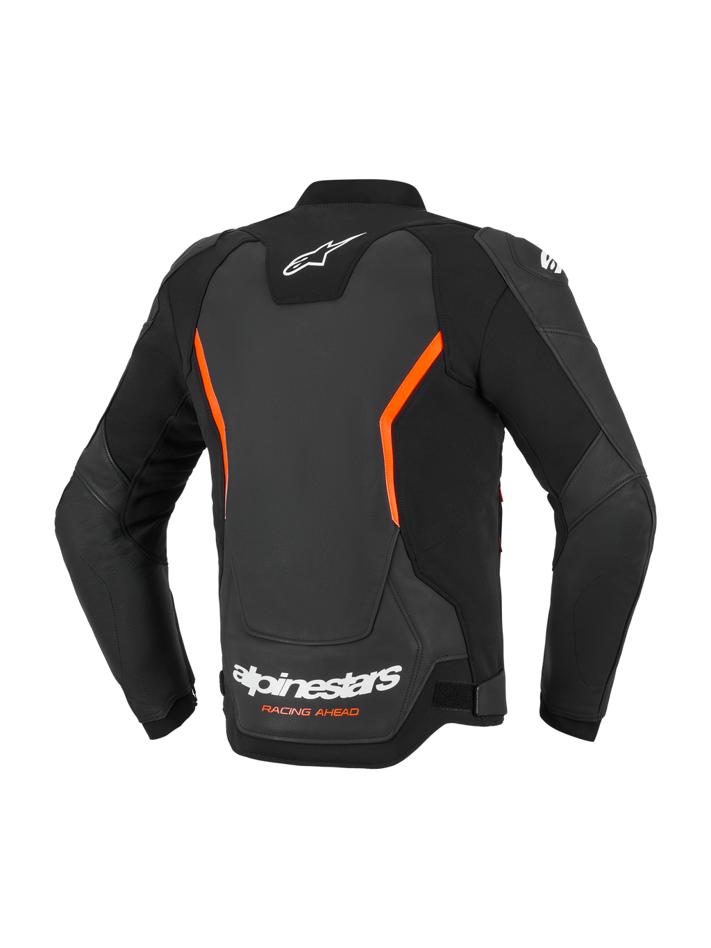 Alpinestars GP Force V2 Leather Jacket, Leather Motorcycle Jacket, Black and Red Fluo, back view featuring white Alpinestars logos and orange Racing Ahead text, fluo red angular accents, multi-panel construction with pre-curved sleeves