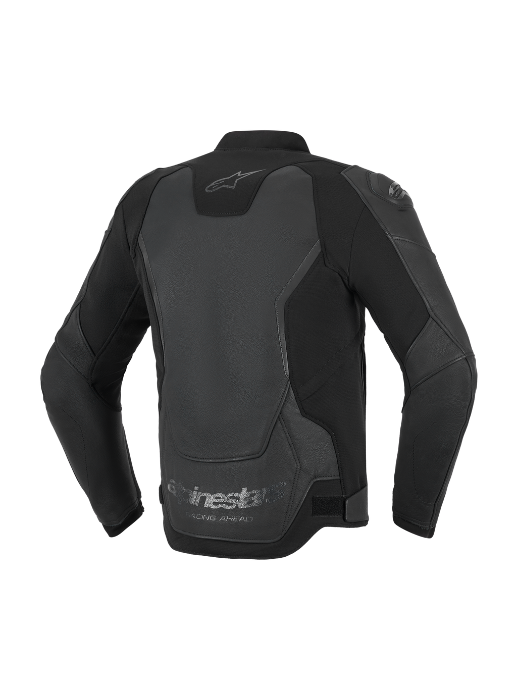 Veste en cuir Alpinestars GP Force V2, veste de moto, noire, vue de dos mettant en évidence la construction multi-panneaux en cuir et textile, avec le logo Alpinestars au niveau de la nuque et le marquage « Racing Ahead » sur l'ourlet inférieur.