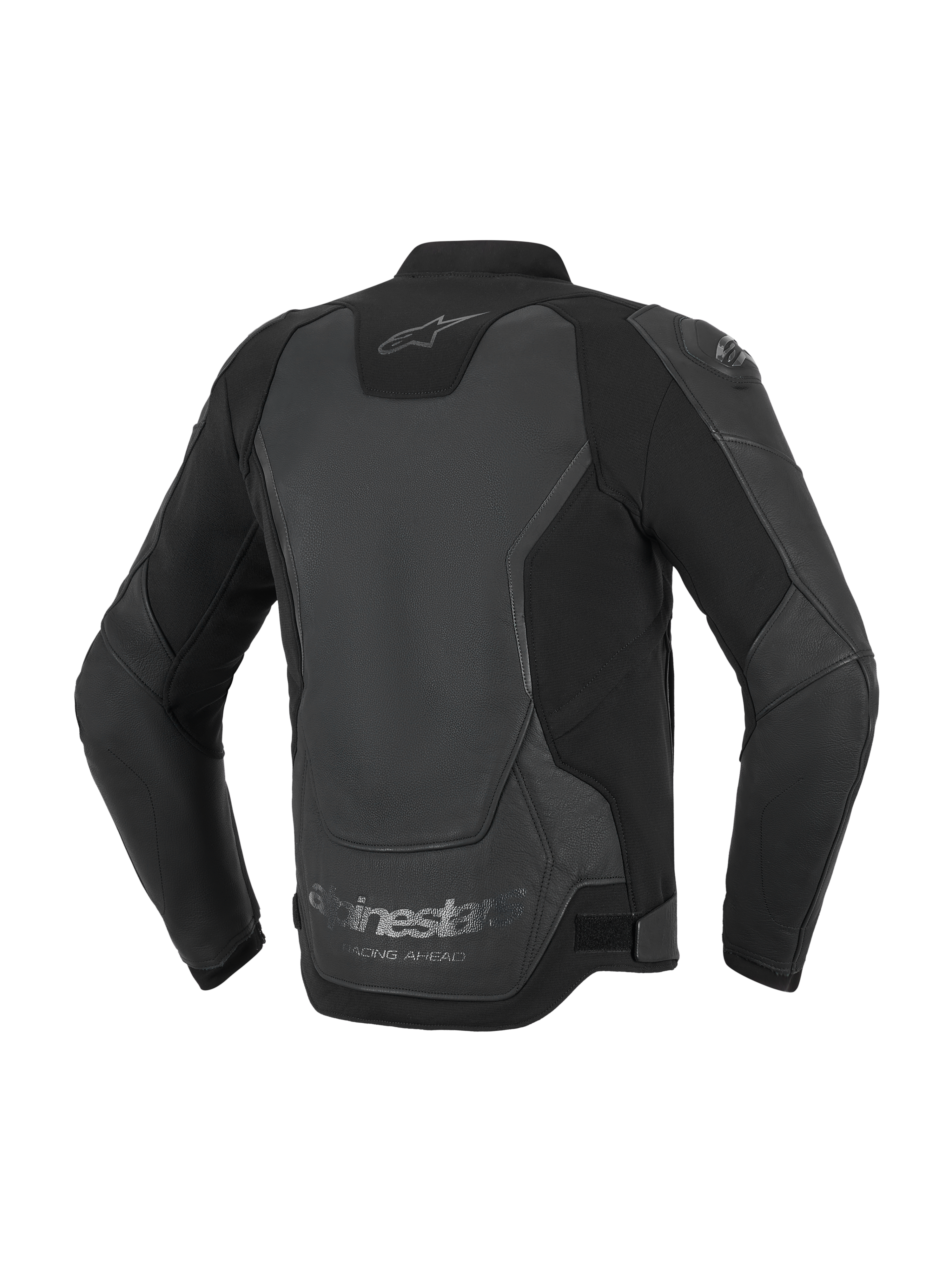 Veste en cuir Alpinestars GP Force V2, veste de moto, noire, vue de dos mettant en évidence la construction multi-panneaux en cuir et textile, avec le logo Alpinestars au niveau de la nuque et le marquage « Racing Ahead » sur l'ourlet inférieur.