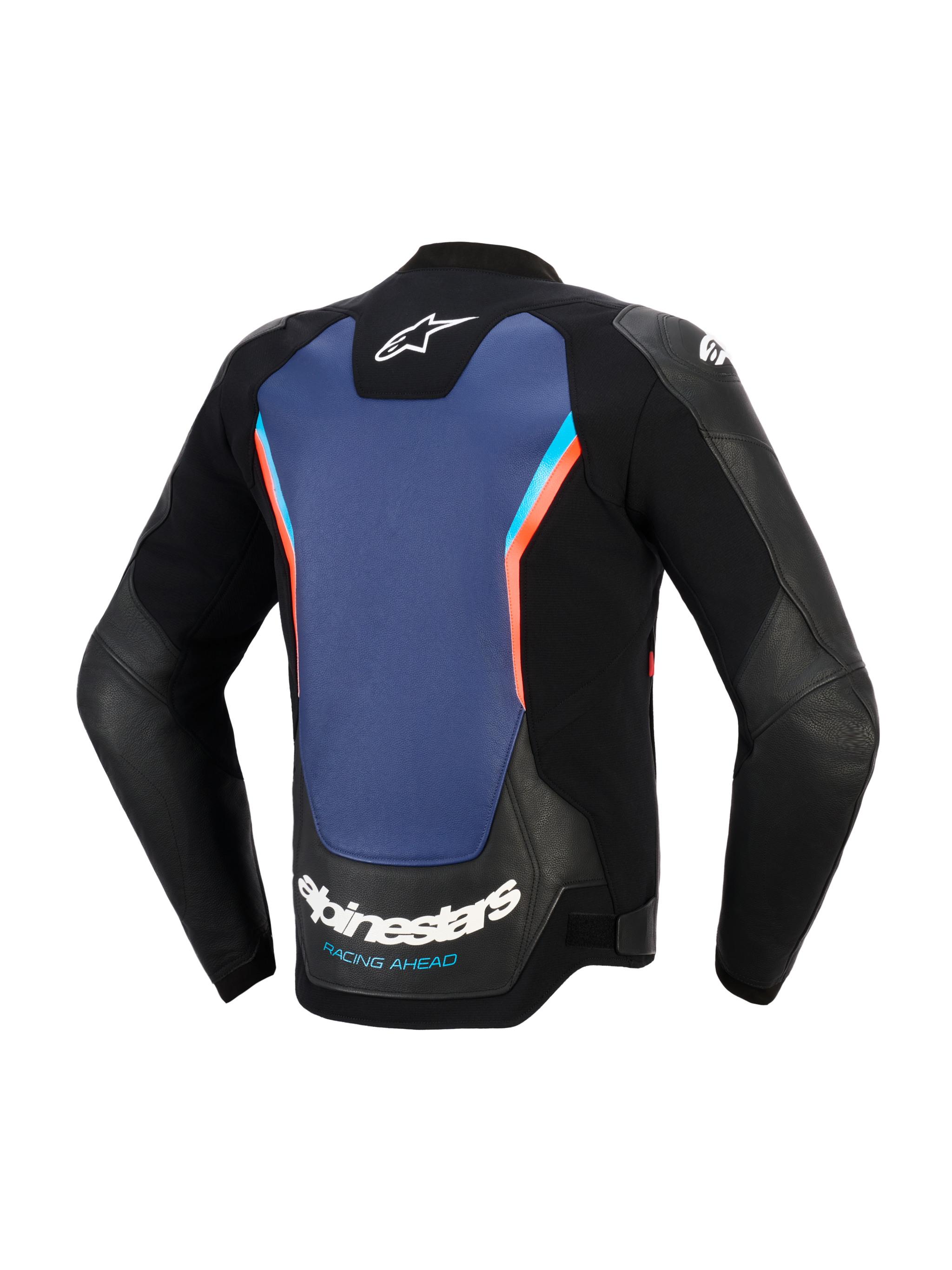 Blouson en cuir Alpinestars GP Force V2, vue arrière, cuir noir avec large panneau central bleu et accents rouge fluo, logo Alpinestars et marquage « RACING AHEAD » sur le bas du dos, équipement de conduite moto sportive