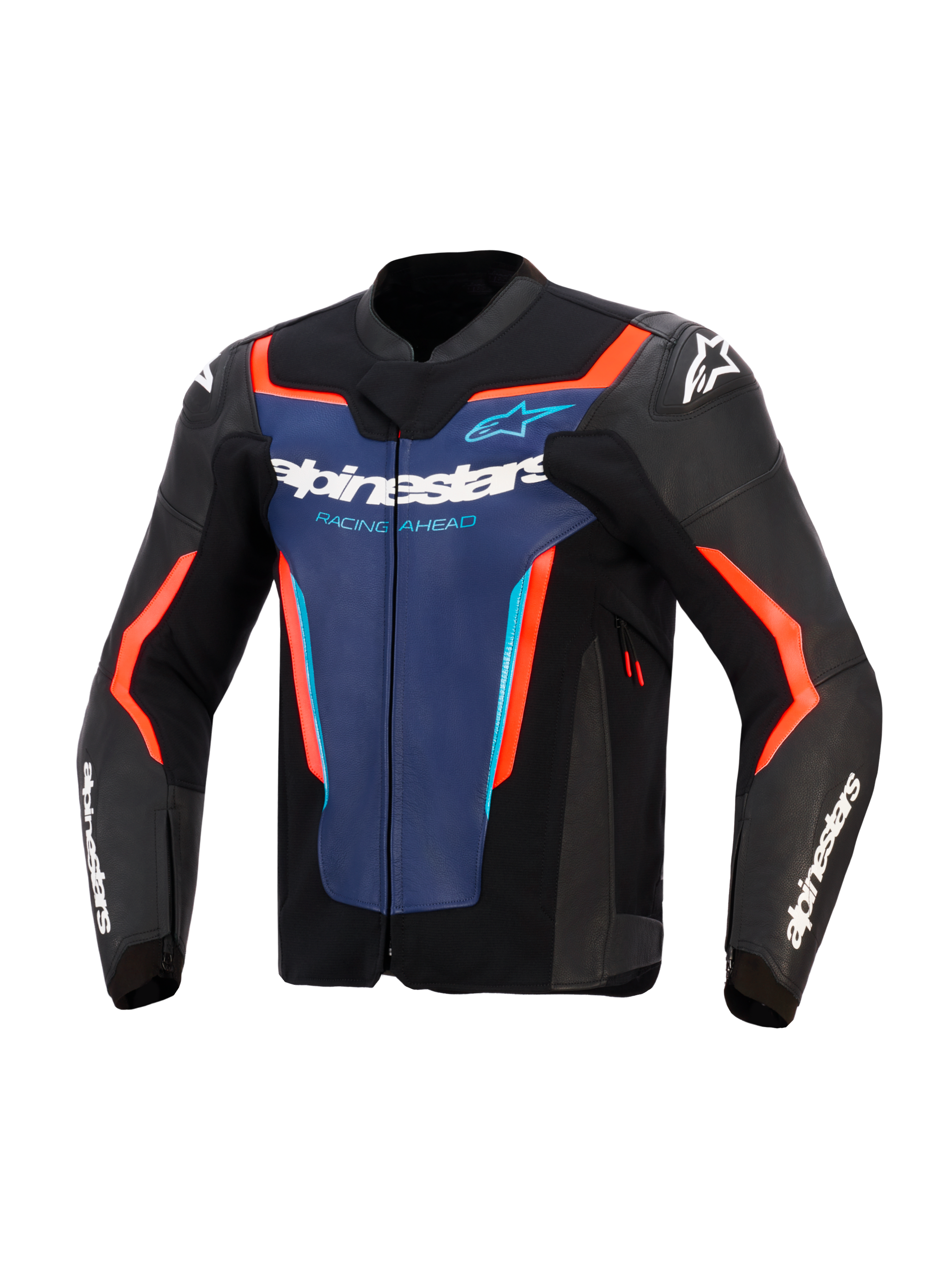 Blouson en cuir Alpinestars GP Force V2, noir, bleu et rouge fluo, vue de face avec empiècement bleu sur la poitrine, logos 'Alpinestars' et 'Racing Ahead' blancs, accents orange-rouge fluo et logos blancs sur les épaules et les manches, conçu pour la conduite sportive à moto.