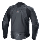 Veste en cuir Alpinestars GP Plus R V4 Rideknit, noire, vue arrière montrant la construction technique en cuir, les panneaux extensibles RIDEKNIT et le logo Alpinestars sur le bas du dos.