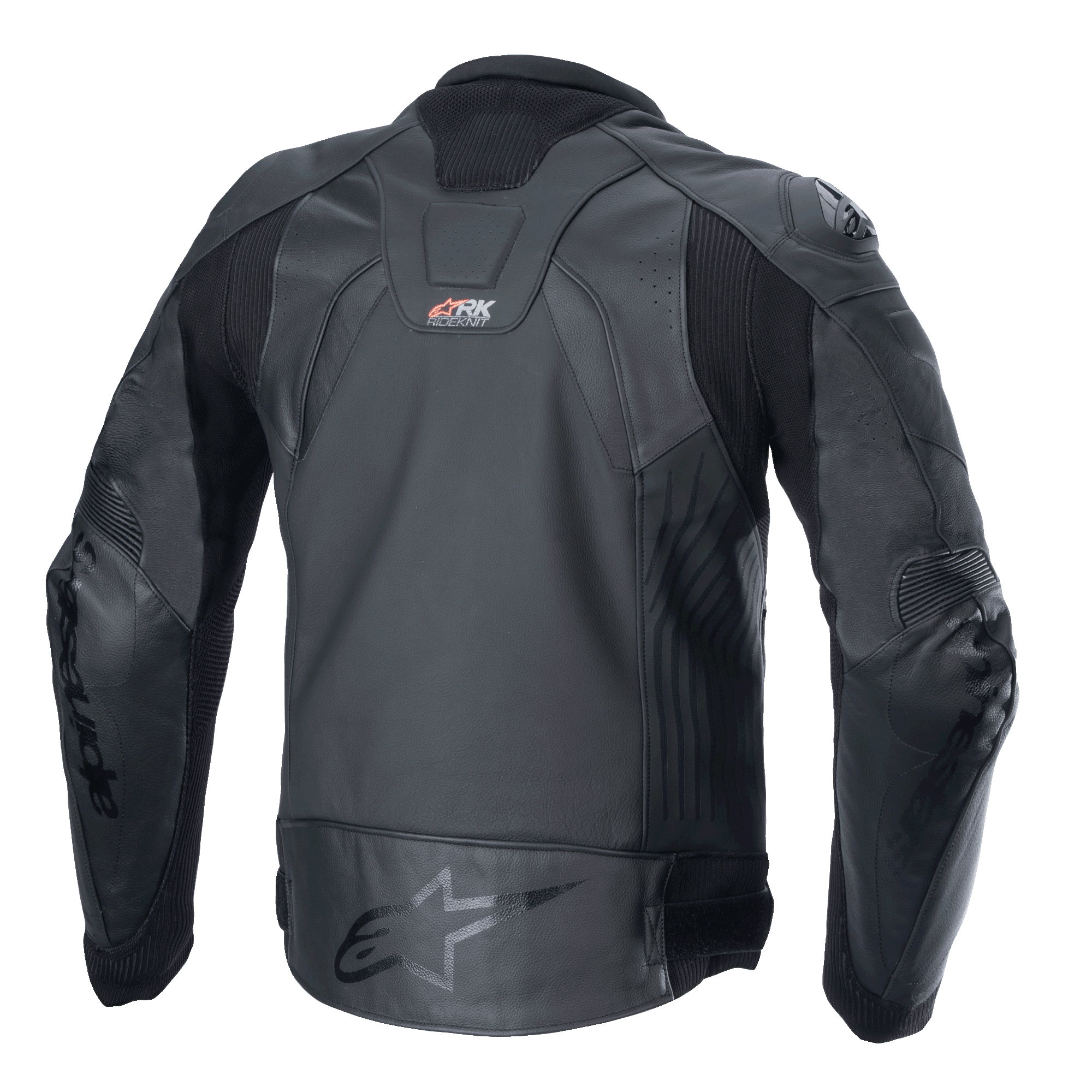 Veste en cuir Alpinestars GP Plus R V4 Rideknit, noire, vue arrière montrant la construction technique en cuir, les panneaux extensibles RIDEKNIT et le logo Alpinestars sur le bas du dos.