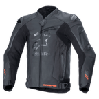Veste en cuir Alpinestars GP Plus R V4 Rideknit, noir, veste de moto de course professionnelle, logo étoile ton sur ton sur la poitrine, accents Rideknit rouges aux poignets et à l'ourlet inférieur, panneaux de ventilation perforés, sliders d'épaule DFS, construction en cuir premium avec technologie RIDEKNIT intégrée