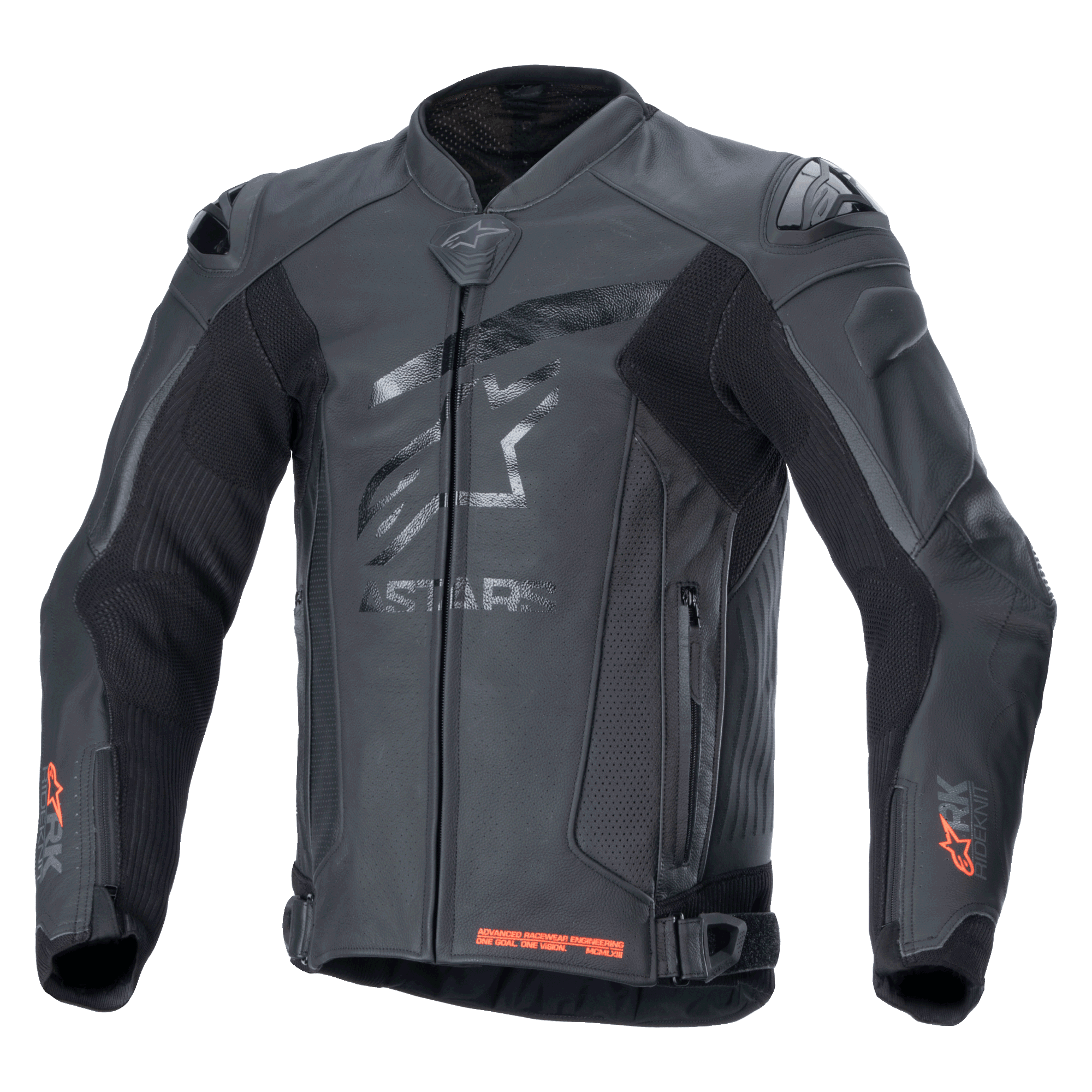 Veste en cuir Alpinestars GP Plus R V4 Rideknit, noir, veste de moto de course professionnelle, logo étoile ton sur ton sur la poitrine, accents Rideknit rouges aux poignets et à l'ourlet inférieur, panneaux de ventilation perforés, sliders d'épaule DFS, construction en cuir premium avec technologie RIDEKNIT intégrée