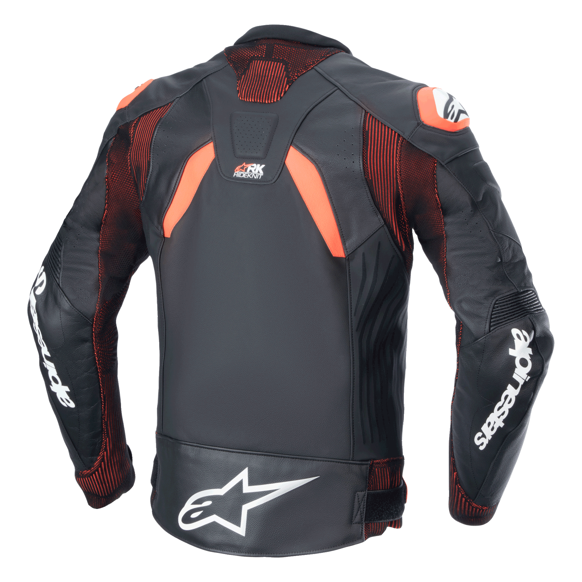 Veste en cuir Alpinestars GP Plus R V4 Rideknit, noir, rouge fluo et blanc, vue arrière, avec panneaux extensibles techniques RIDEKNIT® et construction en cuir haut de gamme, logos Alpinestars blancs sur les manches et le bas du dos