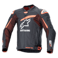 Veste en cuir Alpinestars GP Plus R V4 Rideknit, veste de moto de course noire et orange avec logos blancs, poitrine et bras perforés, accents orange sur les épaules, fermeture éclair frontale avec sangles de taille ajustables, design sportif durable