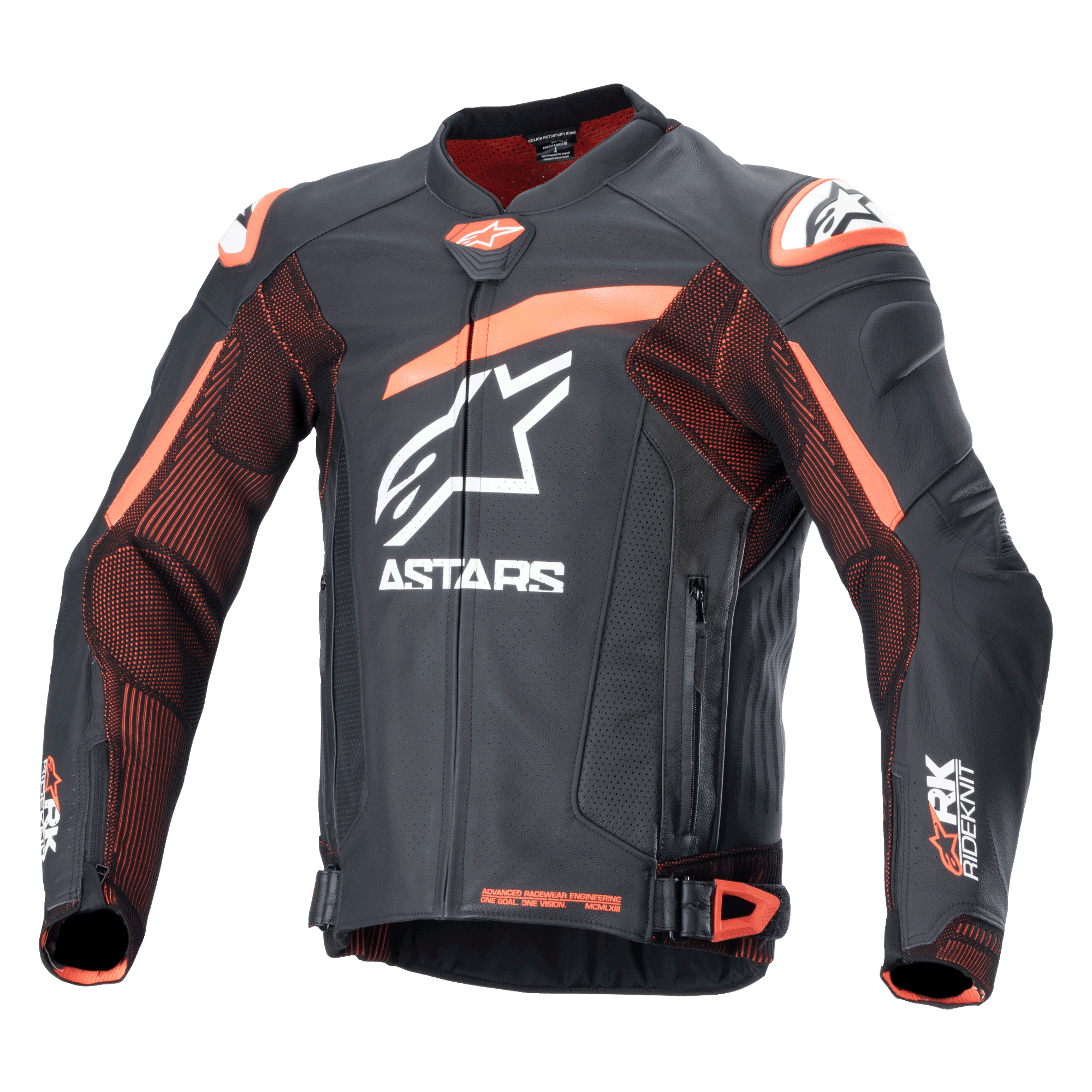 Veste en cuir Alpinestars GP Plus R V4 Rideknit, veste de moto de course noire et orange avec logos blancs, poitrine et bras perforés, accents orange sur les épaules, fermeture éclair frontale avec sangles de taille ajustables, design sportif durable