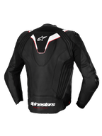 Alpinestars Veste En Cuir Missile V3 Ignition, blouson moto racing pour homme, vue de dos, noir et blanc avec des accents rouges, bosse aérodynamique et construction en cuir bovin premium