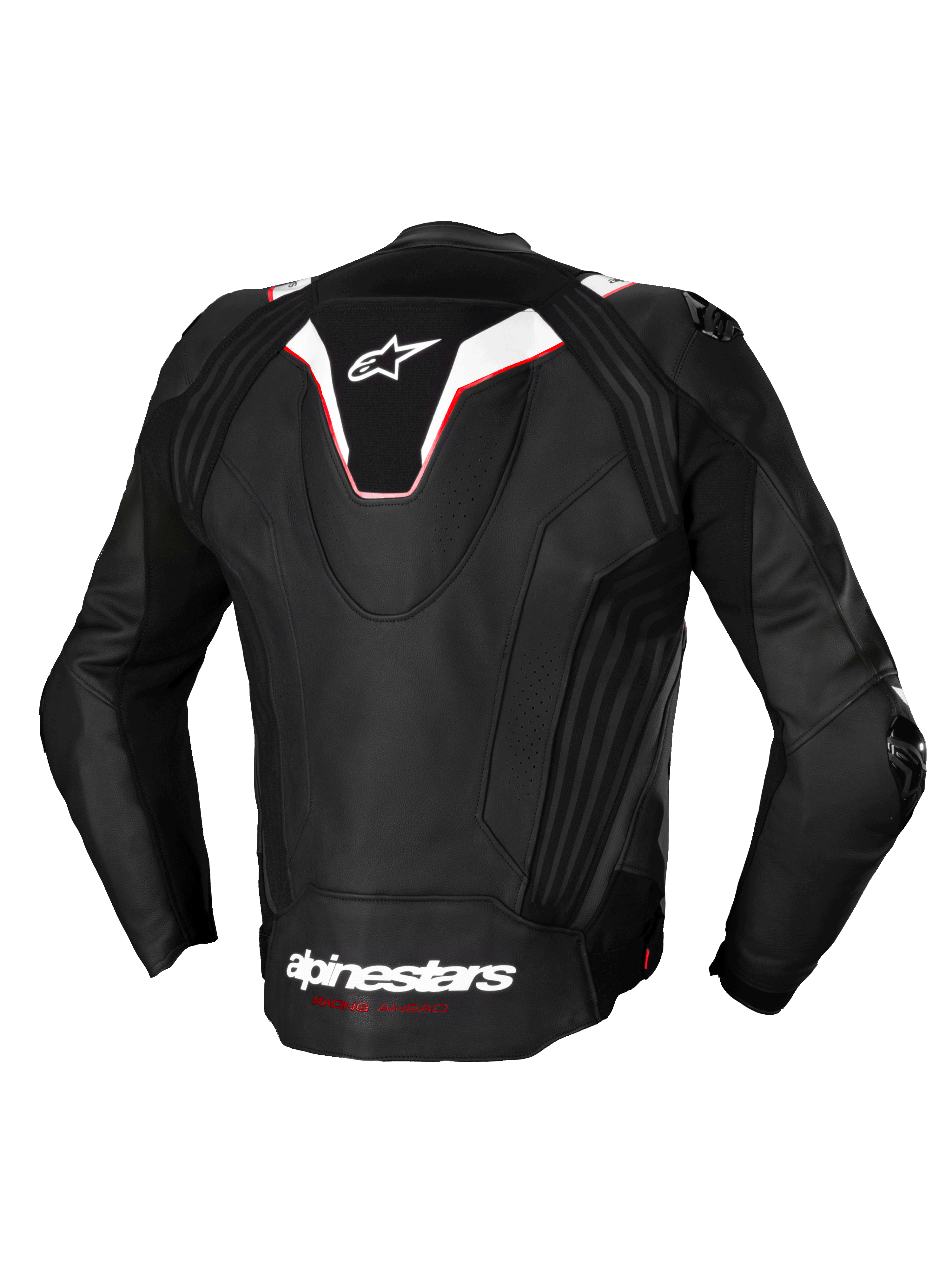 Alpinestars Veste En Cuir Missile V3 Ignition, blouson moto racing pour homme, vue de dos, noir et blanc avec des accents rouges, bosse aérodynamique et construction en cuir bovin premium