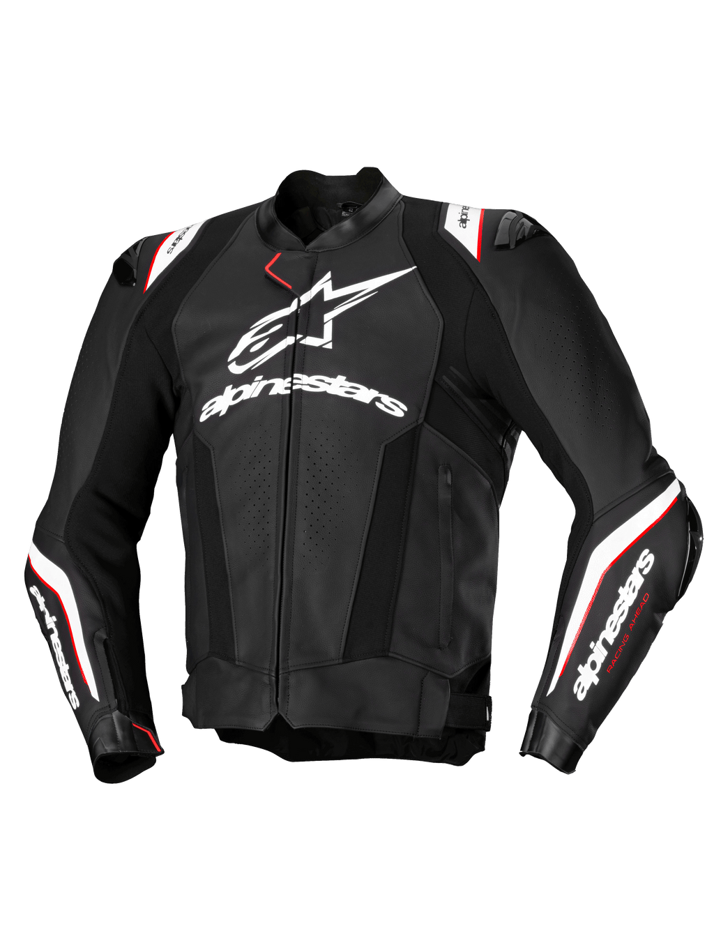 Alpinestars Veste En Cuir Missile V3 Ignition, veste de moto racing pour homme, noire et blanche avec des accents rouges, certifiée CE Classe AA, construction en cuir bovin premium