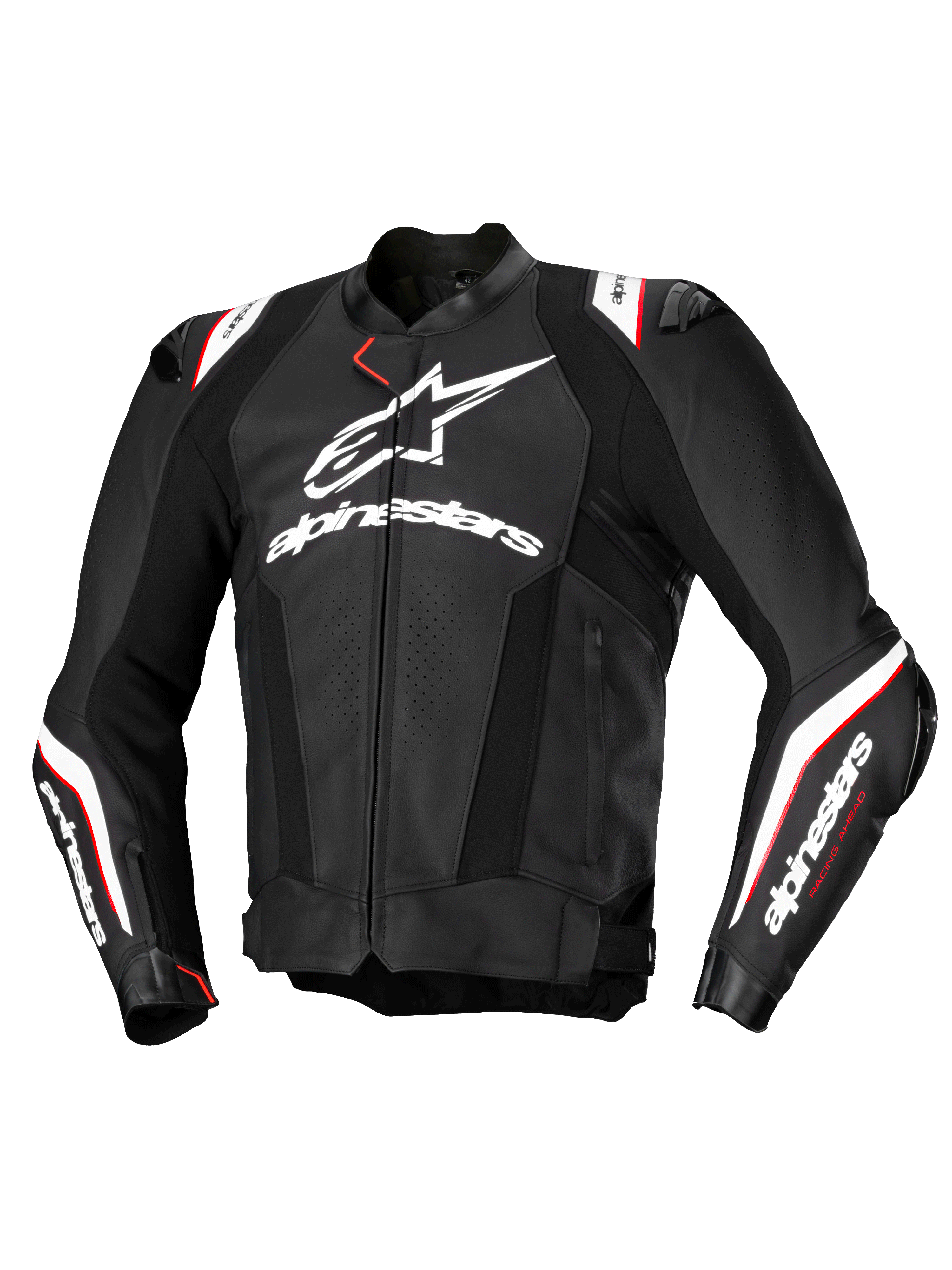 Alpinestars Veste En Cuir Missile V3 Ignition, veste de moto racing pour homme, noire et blanche avec des accents rouges, certifiée CE Classe AA, construction en cuir bovin premium