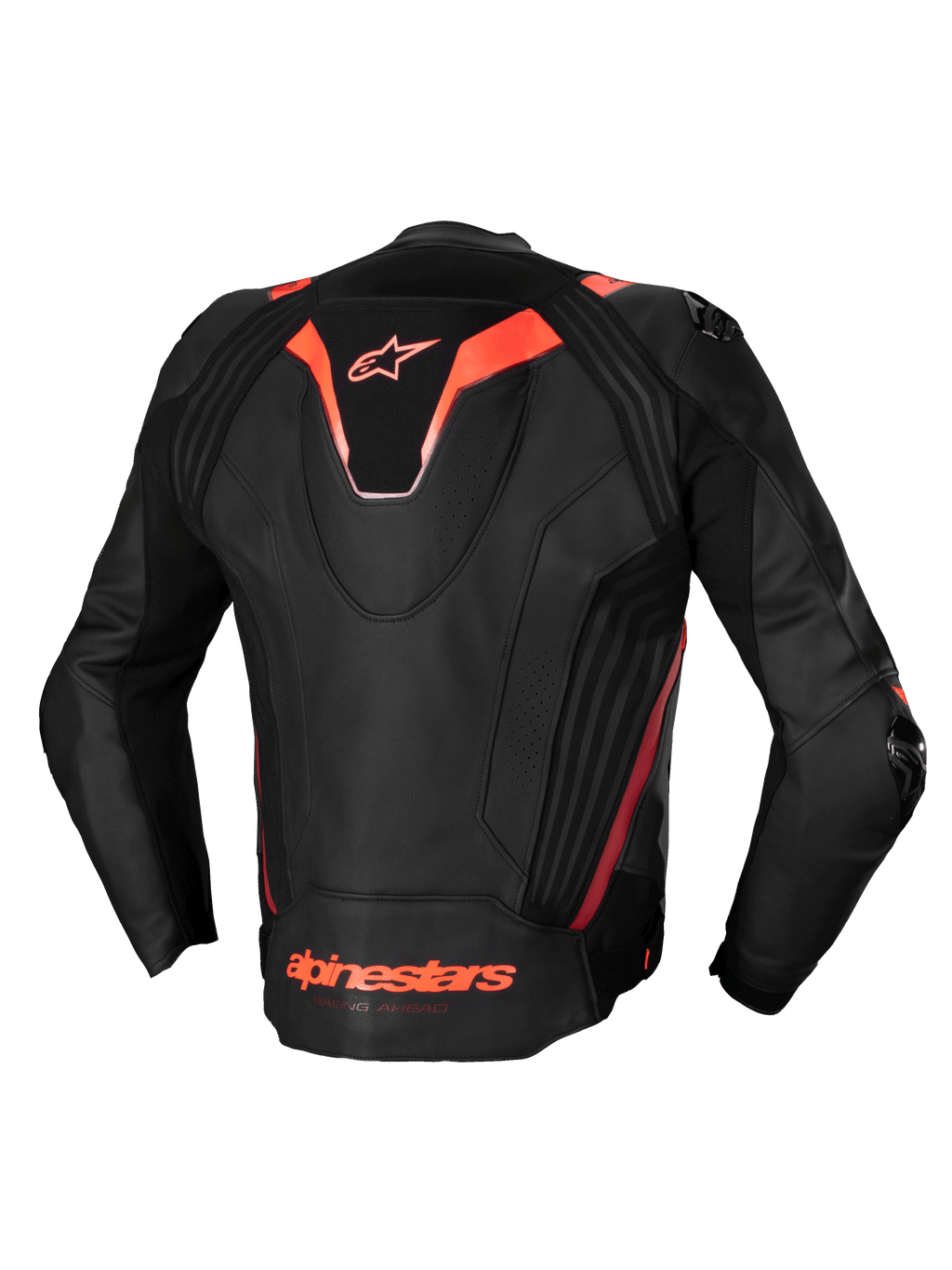 Alpinestars Veste En Cuir Missile V3 Ignition, veste de moto racing pour homme, noir et rouge fluo, certifiée CE, cuir bovin premium avec bosse aéro et panneaux stretch, vue de dos