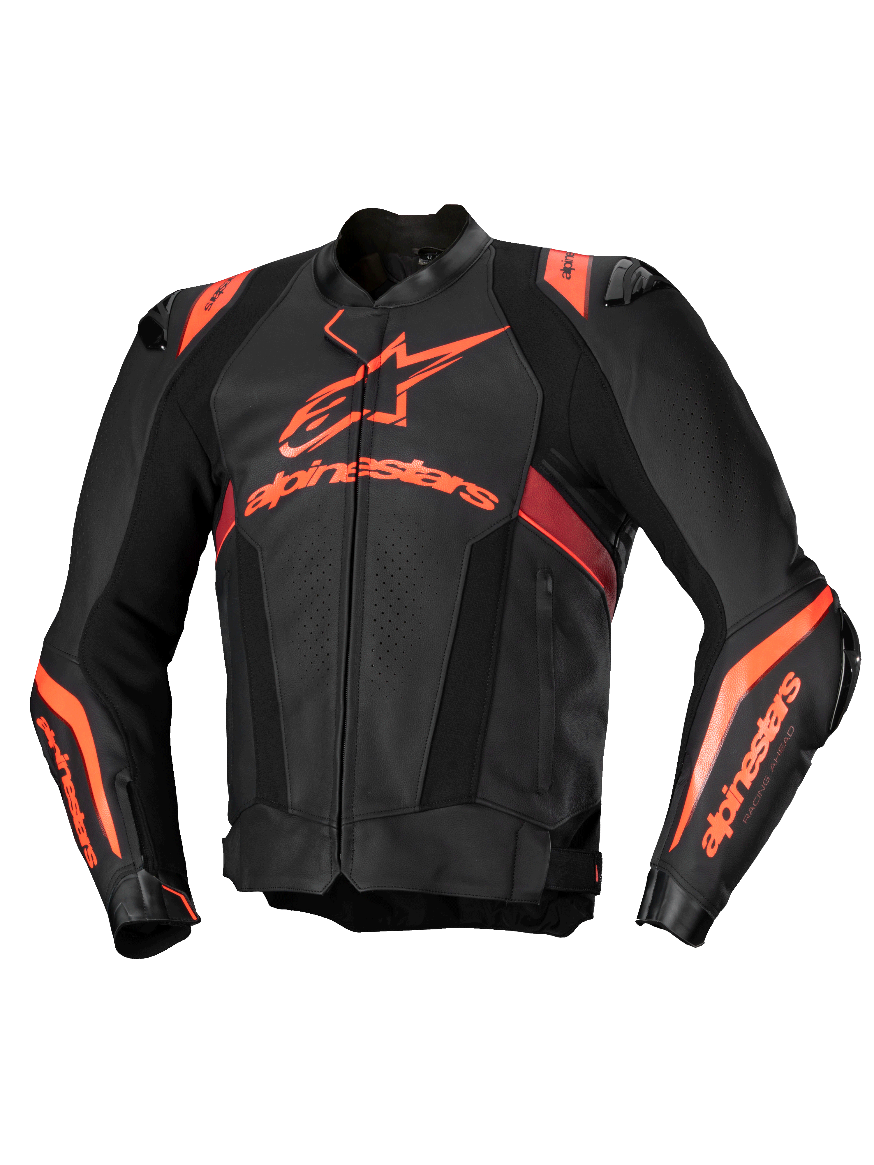 Alpinestars Veste En Cuir Missile V3 Ignition, veste de moto racing pour homme, noire et rouge fluo, en cuir bovin premium avec protections d'épaules et curseurs