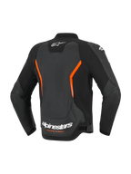 Veste en cuir Alpinestars GP Force V2 Air, vue arrière, noir et rouge fluo, dotée d'un grand panneau dorsal perforé pour le flux d'air, logo Alpinestars blanc et inscription 'Racing Ahead' en bas du dos, manches pré-courbées ergonomiques.