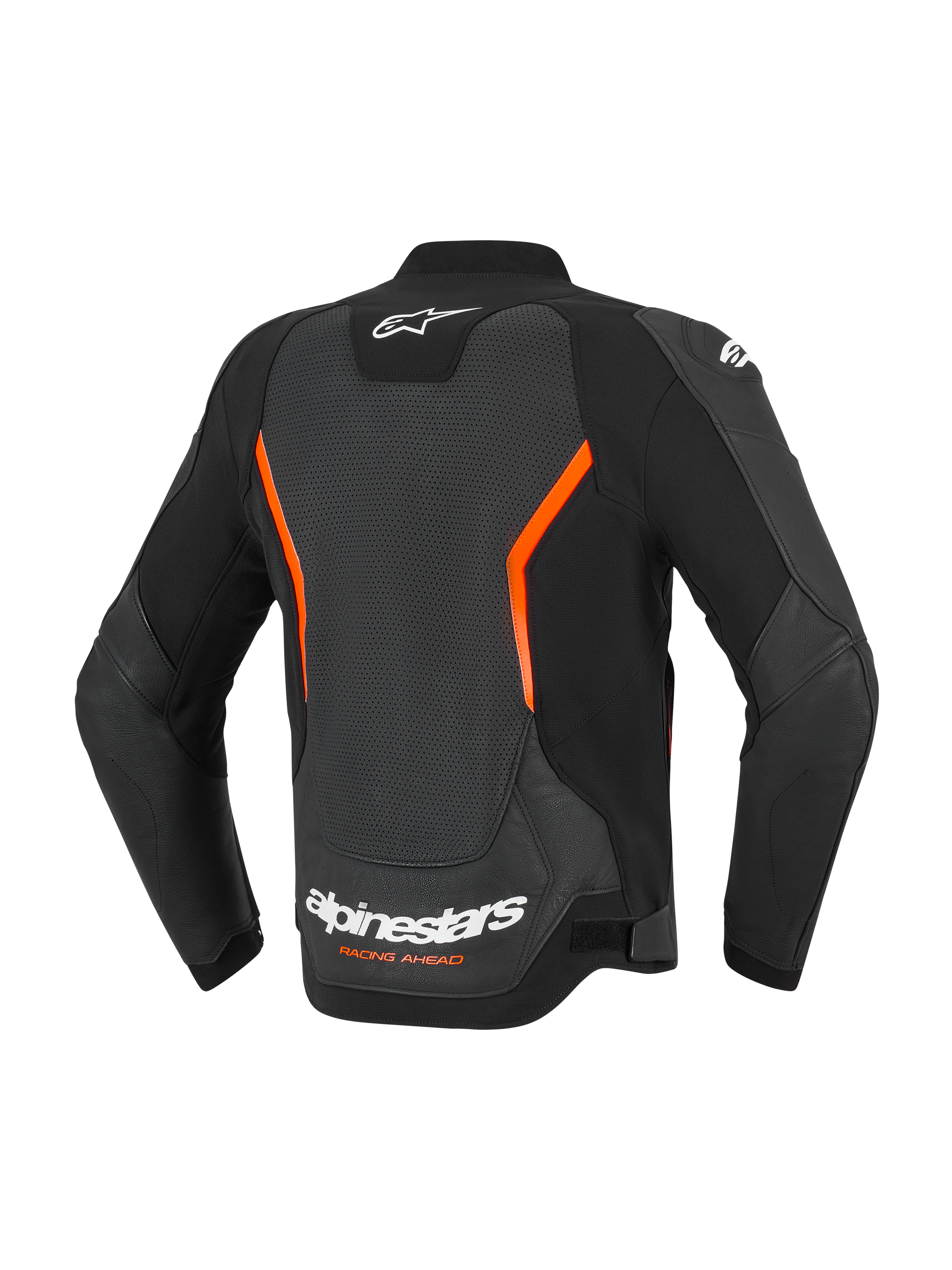 Veste en cuir Alpinestars GP Force V2 Air, vue arrière, noir et rouge fluo, dotée d'un grand panneau dorsal perforé pour le flux d'air, logo Alpinestars blanc et inscription 'Racing Ahead' en bas du dos, manches pré-courbées ergonomiques.