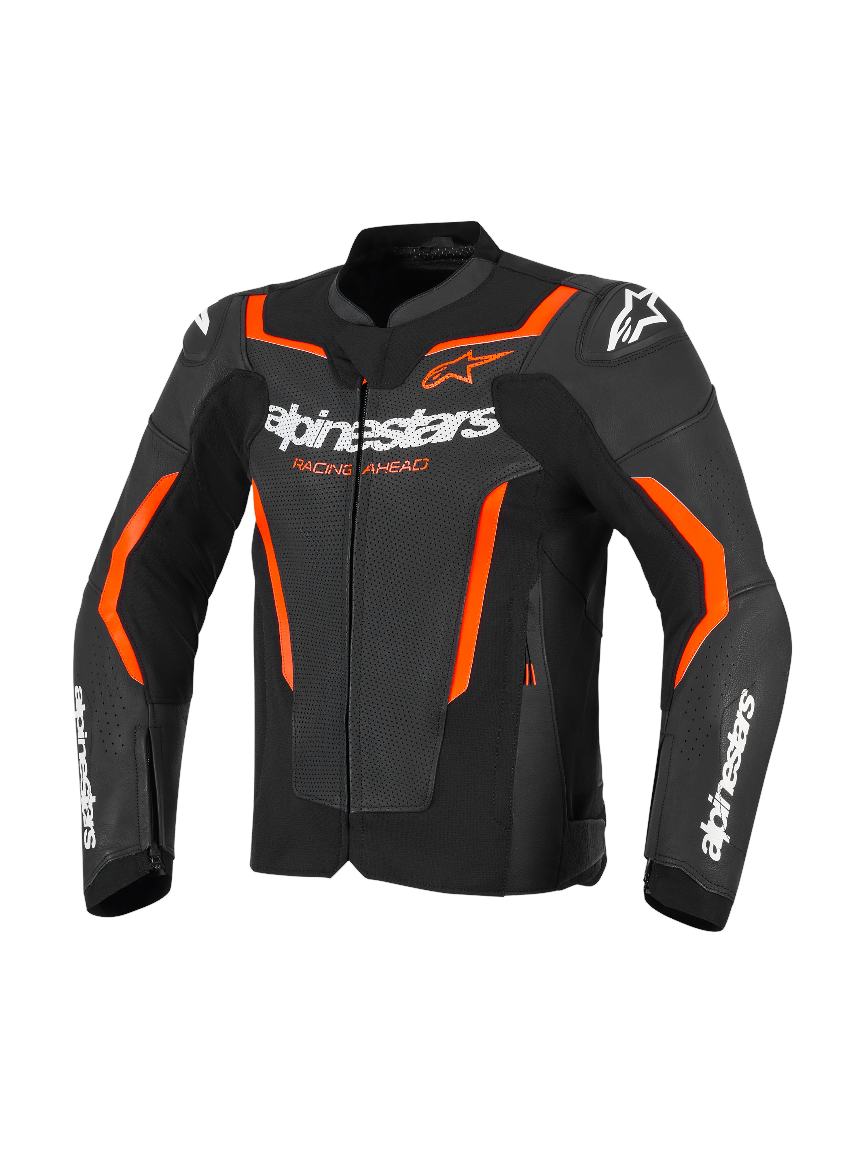 Veste en cuir Alpinestars GP Force V2 Air, Noir et Rouge Fluo, veste de moto en cuir perforé avec logo Alpinestars blanc sur la poitrine et les manches, accents orange vif et protections d'épaules intégrées, vue de face.