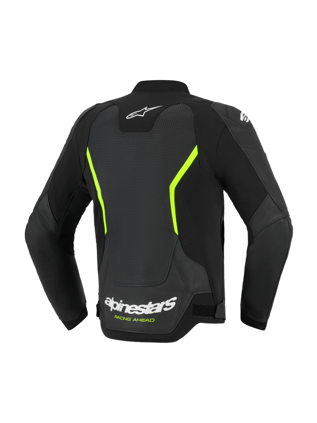 Alpinestars GP Force V2 Air Leather Jacket, veste de moto route, noir et jaune fluo, vue arrière montrant de larges panneaux en cuir perforé, logos Alpinestars blancs, accents jaune fluo et coupe sport haute performance