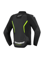 Alpinestars GP Force V2 Air Leather Jacket, veste de moto route, noir et jaune fluo, vue arrière montrant de larges panneaux en cuir perforé, logos Alpinestars blancs, accents jaune fluo et coupe sport haute performance