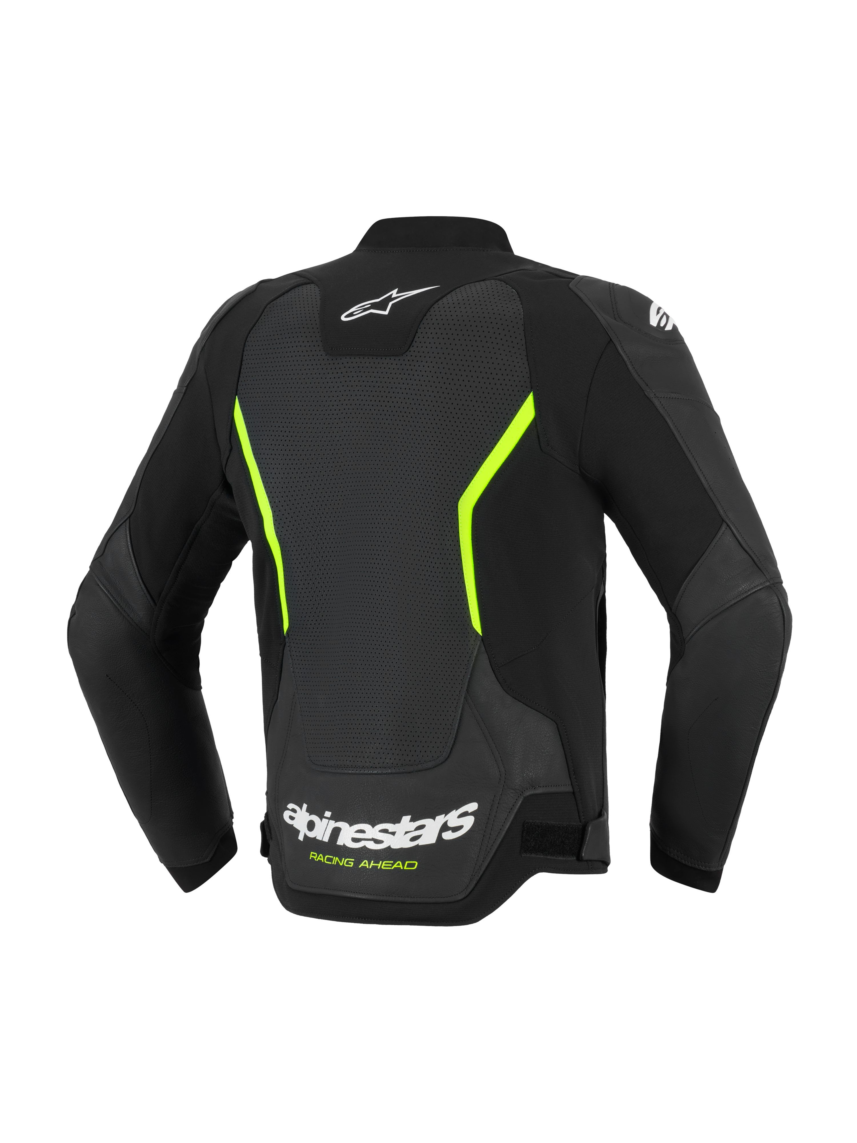 Alpinestars GP Force V2 Air Leather Jacket, veste de moto route, noir et jaune fluo, vue arrière montrant de larges panneaux en cuir perforé, logos Alpinestars blancs, accents jaune fluo et coupe sport haute performance