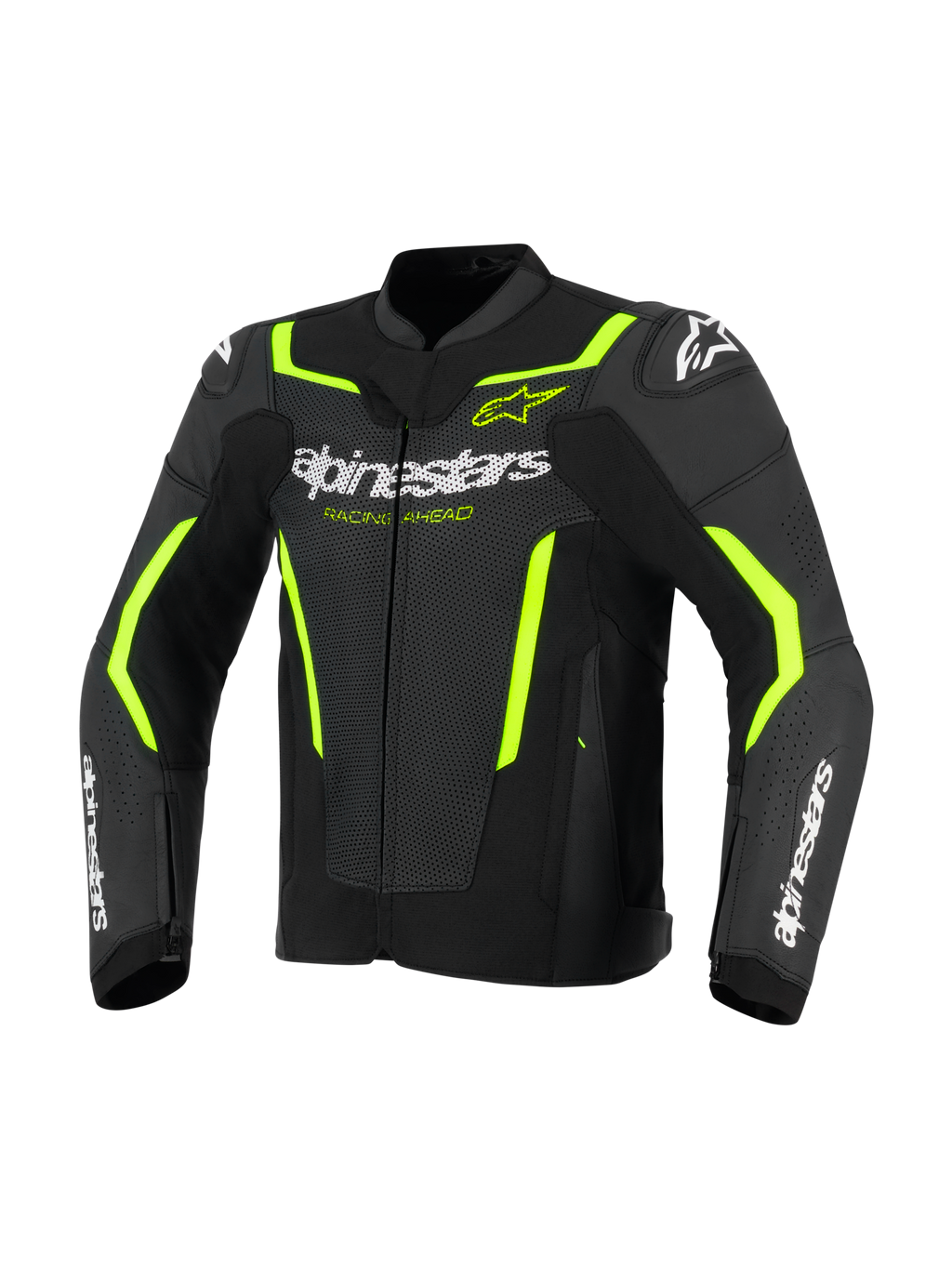 Alpinestars GP Force V2 Air Leather Jacket, blouson de moto en cuir, noir et jaune fluo, avec panneaux en cuir perforé pour la circulation de l'air, logo Alpinestars blanc sur la poitrine et les avant-bras, et accents jaune fluo sur les épaules et les manches pour un look sportif.