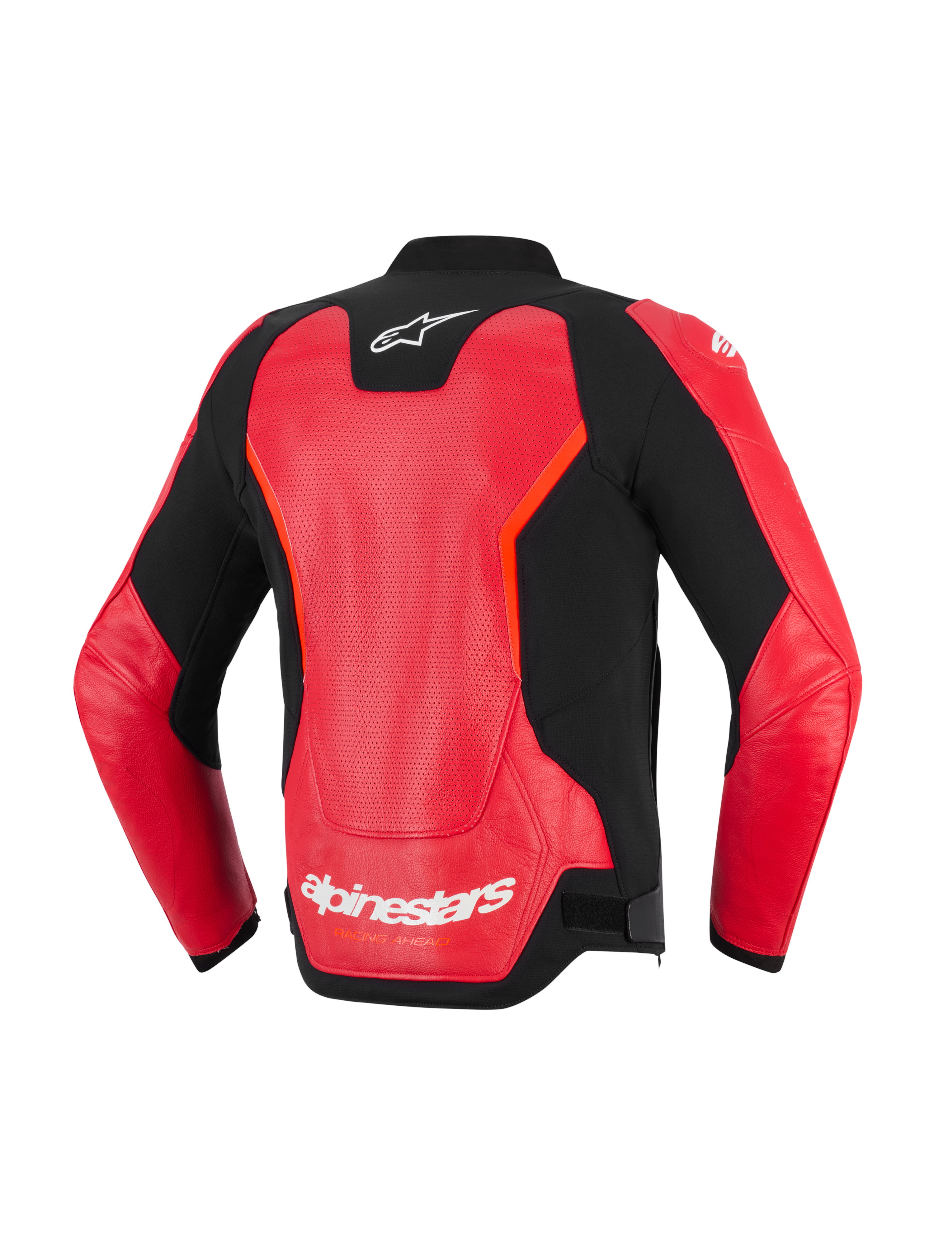 Alpinestars GP Force V2 Air Leather Jacket, Back View, Red and Black, featuring a large perforated leather panel for ventilation, white Alpinestars logo on the neck and lower back, sleek sport design for motorcycle road riding