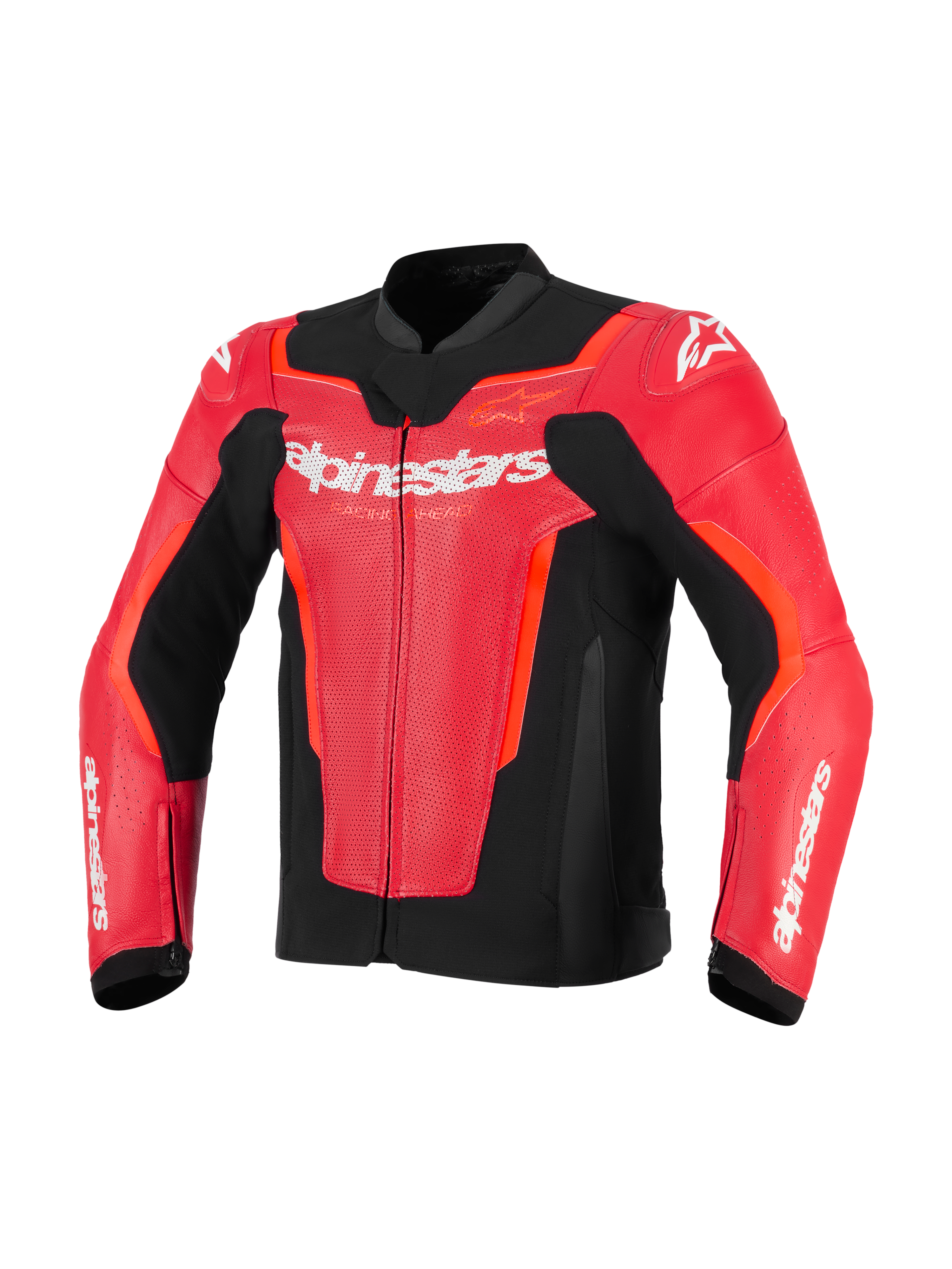 Alpinestars GP Force V2 Air Leather Jacket, Red and Red Fluo with Black accents, perforated leather for ventilation, white Alpinestars logo on chest, sport fit motorcycle racing gear