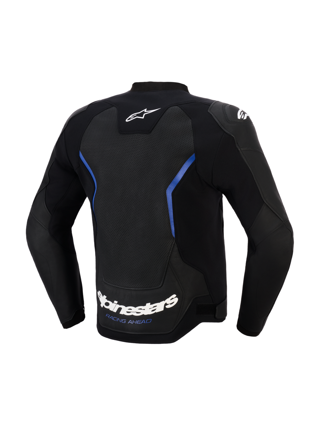 Blouson en cuir Alpinestars GP Force V2 Airflow, vue de dos, noir et bleu métallisé, large panneau dorsal en cuir perforé pour la ventilation, lettrage Alpinestars blanc et slogan 'RACING AHEAD' sur le bord inférieur, équipement de conduite sportive professionnel