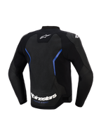 Blouson en cuir Alpinestars GP Force V2 Airflow, vue de dos, noir et bleu métallisé, large panneau dorsal en cuir perforé pour la ventilation, lettrage Alpinestars blanc et slogan 'RACING AHEAD' sur le bord inférieur, équipement de conduite sportive professionnel