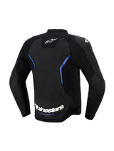 Blouson en cuir Alpinestars GP Force V2 Airflow, vue de dos, noir et bleu métallisé, large panneau dorsal en cuir perforé pour la ventilation, lettrage Alpinestars blanc et slogan 'RACING AHEAD' sur le bord inférieur, équipement de conduite sportive professionnel