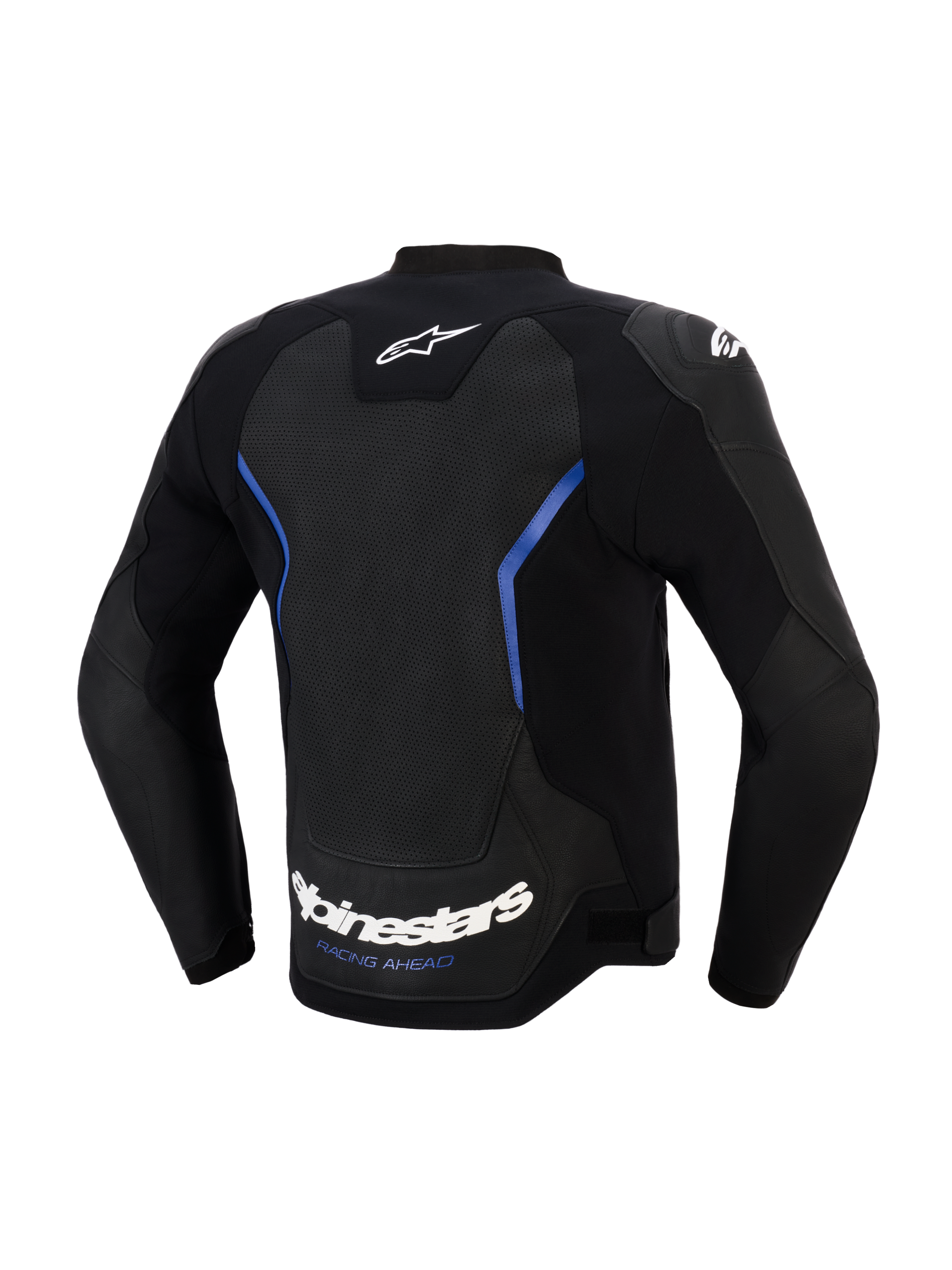 Blouson en cuir Alpinestars GP Force V2 Airflow, vue de dos, noir et bleu métallisé, large panneau dorsal en cuir perforé pour la ventilation, lettrage Alpinestars blanc et slogan 'RACING AHEAD' sur le bord inférieur, équipement de conduite sportive professionnel
