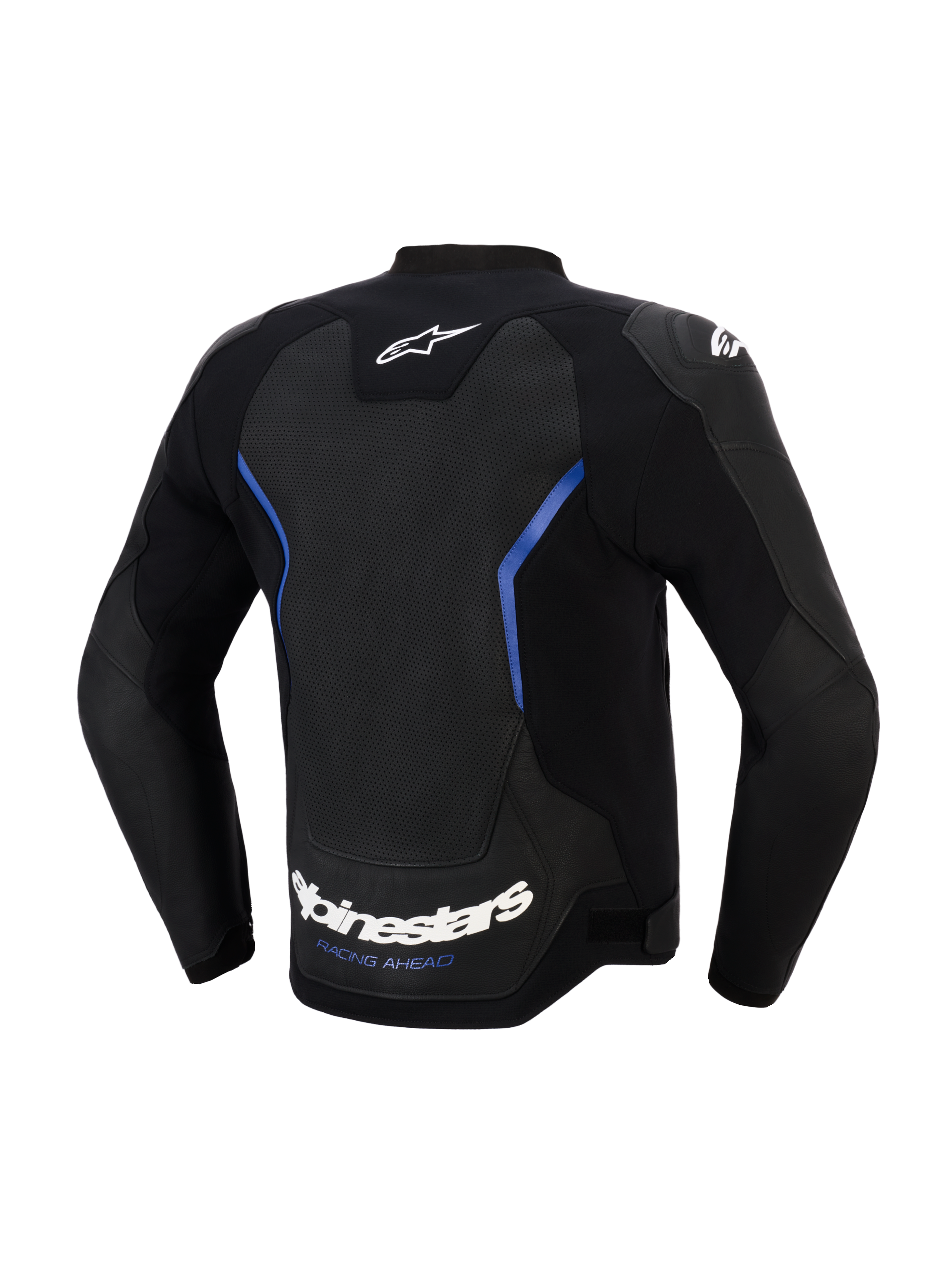 Blouson en cuir Alpinestars GP Force V2 Airflow, vue de dos, noir et bleu métallisé, large panneau dorsal en cuir perforé pour la ventilation, lettrage Alpinestars blanc et slogan 'RACING AHEAD' sur le bord inférieur, équipement de conduite sportive professionnel