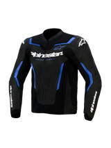 Blouson en cuir Alpinestars GP Force V2 Airflow, noir et bleu métallisé, panneaux en cuir perforé sur la poitrine, marquage Alpinestars blanc avec le texte 'Racing Ahead', design sportif avec accents bleus et logos étoiles blancs sur les épaules, équipement de moto professionnel