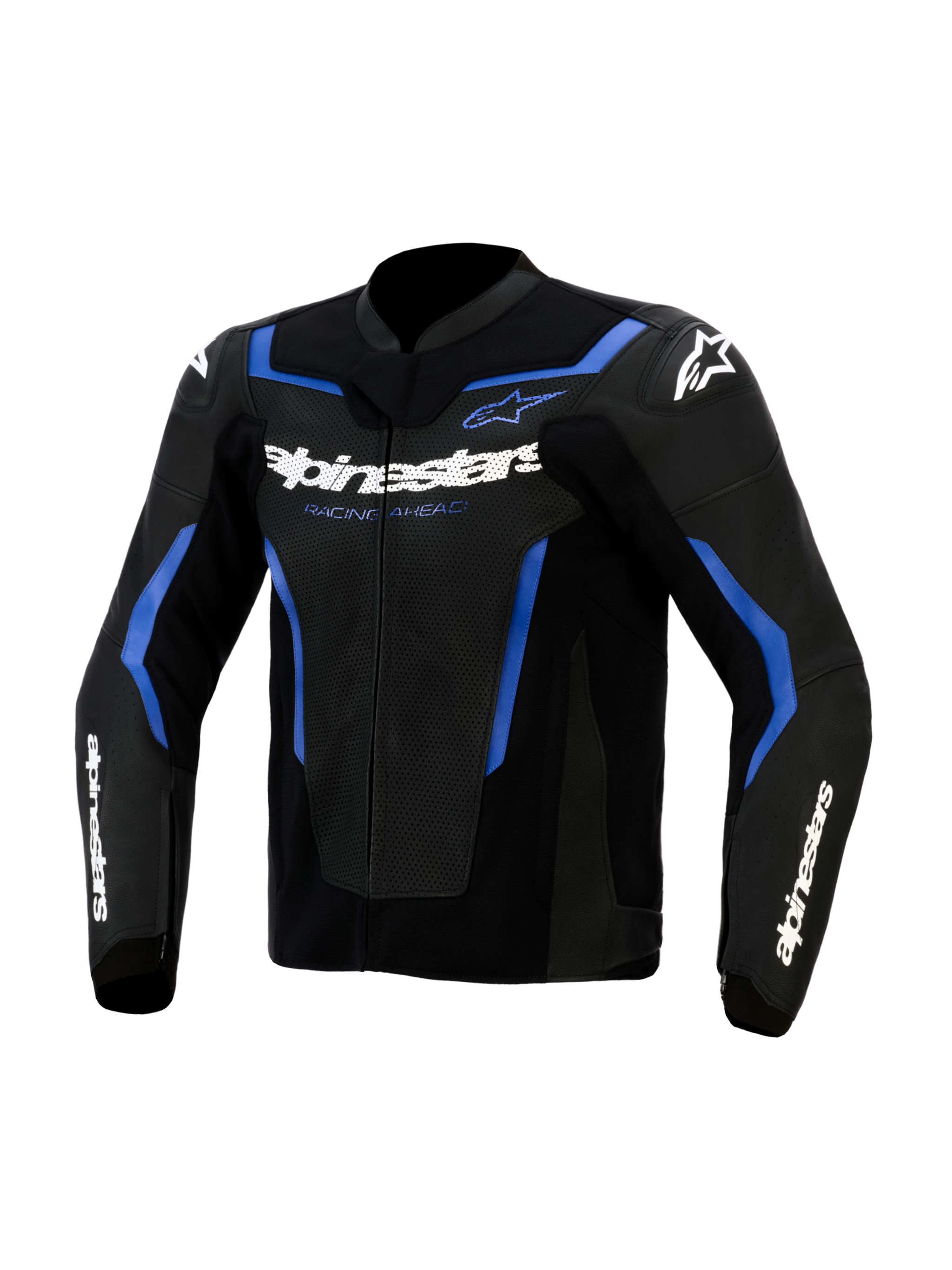 Blouson en cuir Alpinestars GP Force V2 Airflow, noir et bleu métallisé, panneaux en cuir perforé sur la poitrine, marquage Alpinestars blanc avec le texte 'Racing Ahead', design sportif avec accents bleus et logos étoiles blancs sur les épaules, équipement de moto professionnel