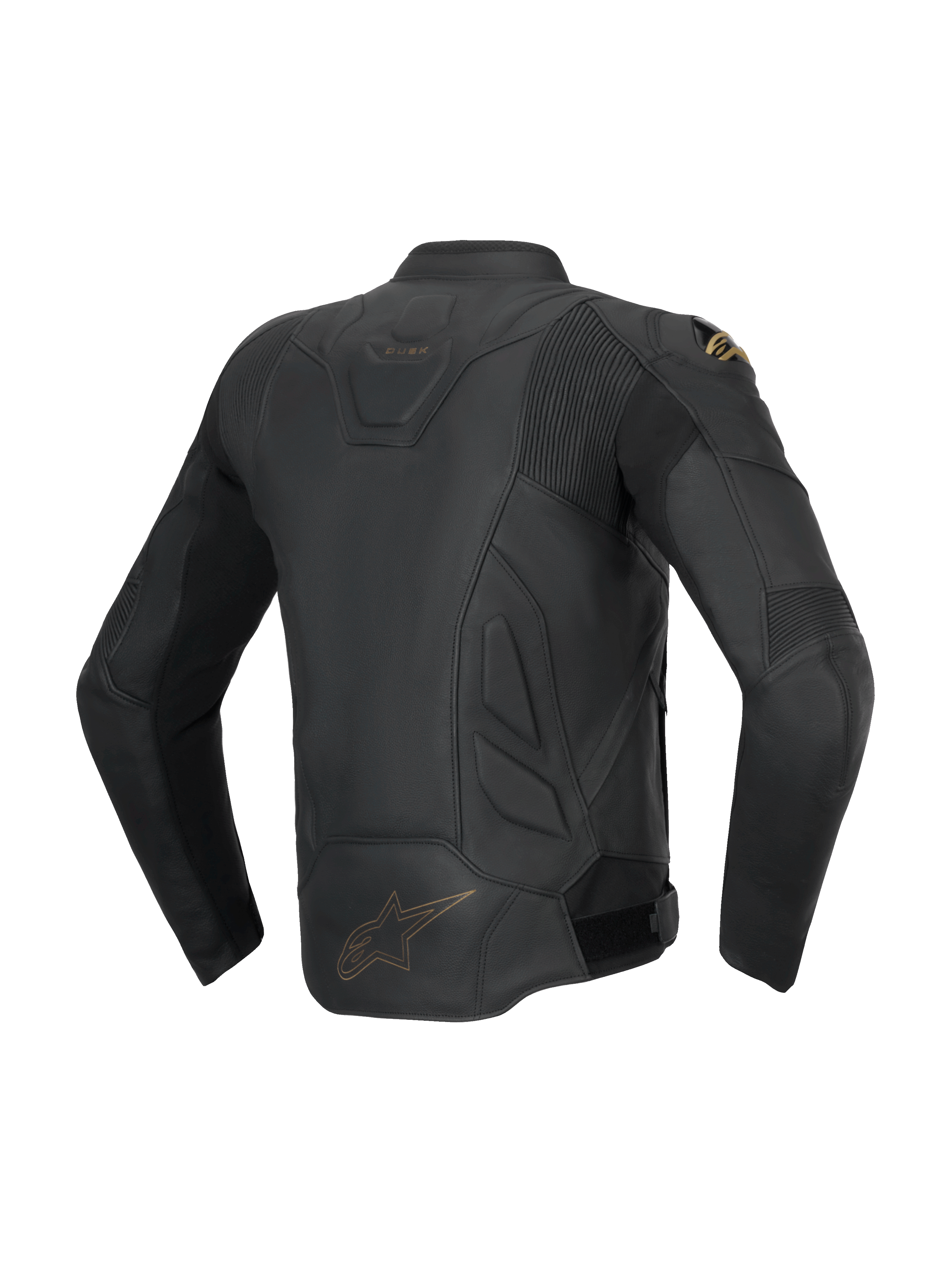 Alpinestars Veste En Cuir Dusk, veste de moto sport noire pour homme en cuir de bovin, vue de dos avec panneaux extensibles.