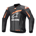 Alpinestars GP Plus V4 Leather Jacket, Motorcycle Racing Jacket, Black with Red Fluo and White accents, featuring large white ASTARS branding on the chest, external shoulder sliders, and a structured leather design for high-performance riding