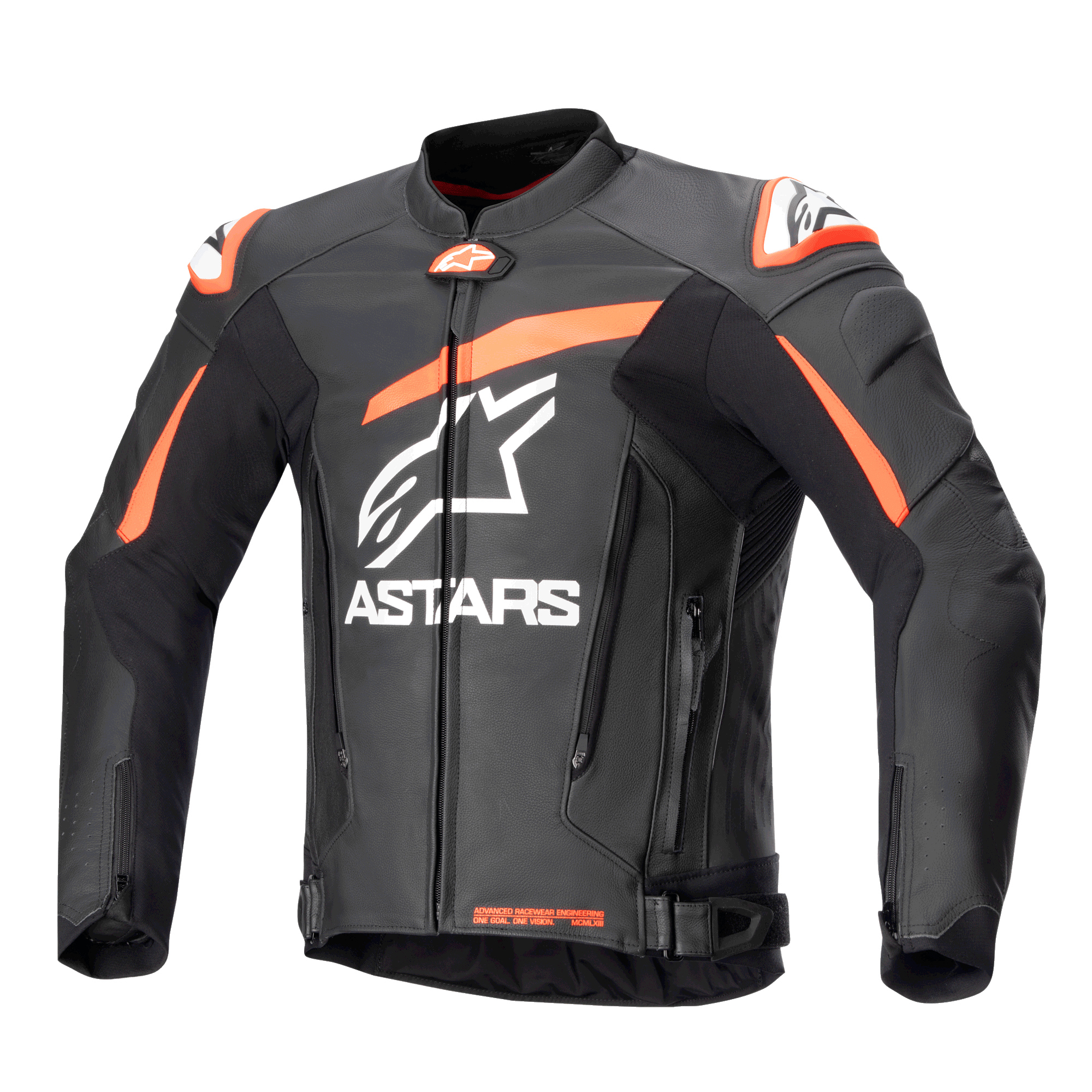 Alpinestars GP Plus V4 Leather Jacket, Motorcycle Racing Jacket, Black with Red Fluo and White accents, featuring large white ASTARS branding on the chest, external shoulder sliders, and a structured leather design for high-performance riding