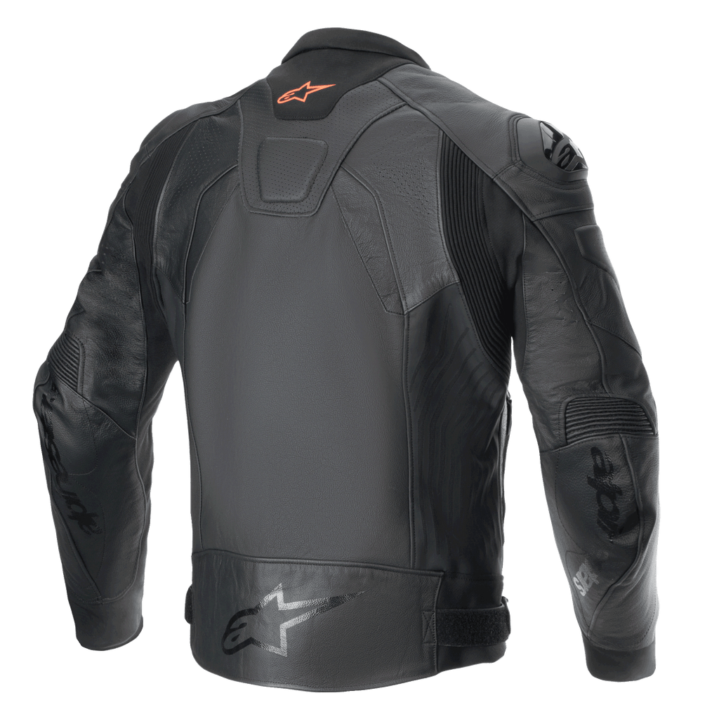 Alpinestars Veste En Cuir GP Plus R V4 Airflow, veste de moto sport pour homme, vue de dos en noir, certifiée CE avec cuir de qualité race et panneaux stretch