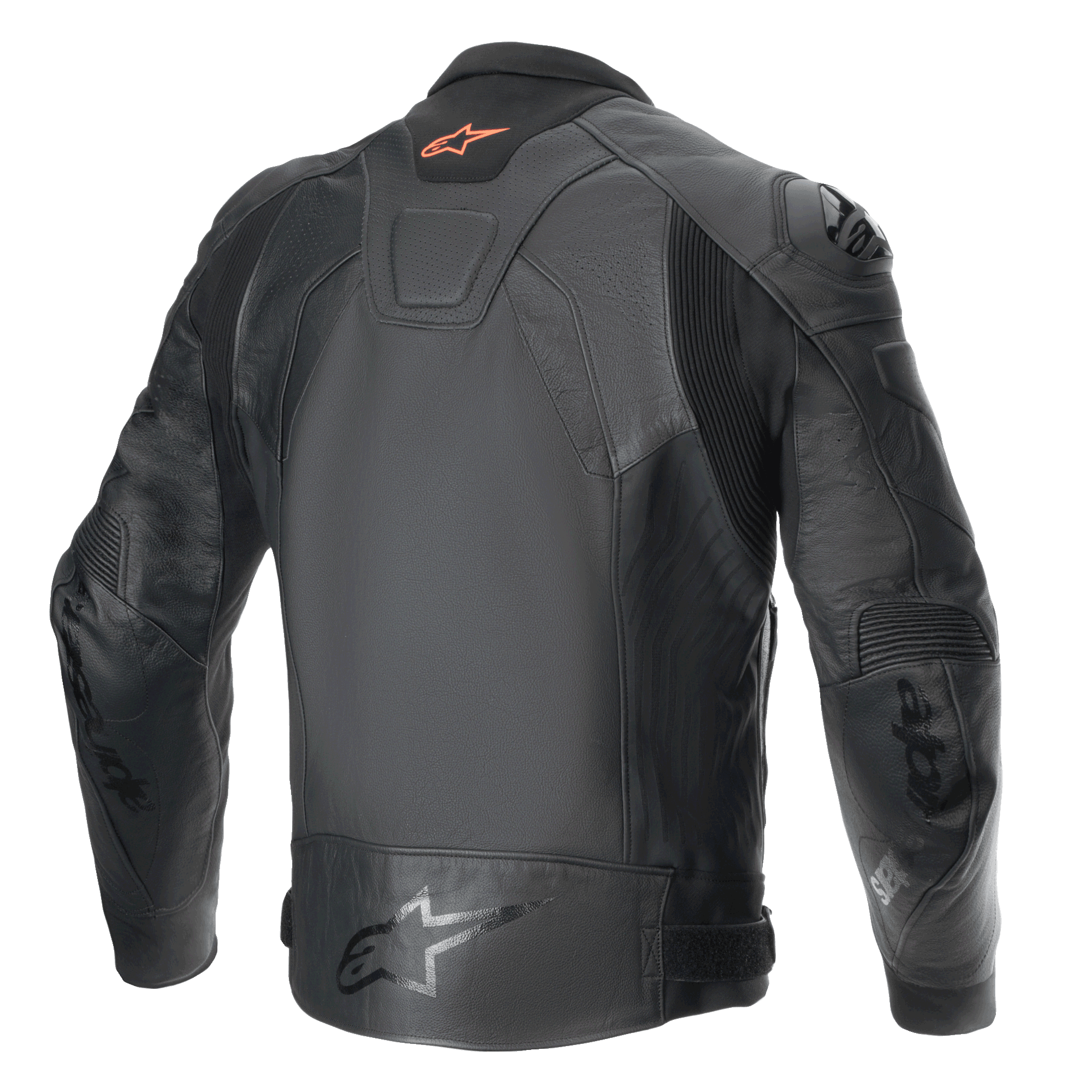 Alpinestars Veste En Cuir GP Plus R V4 Airflow, veste de moto sport pour homme, vue de dos en noir, certifiée CE avec cuir de qualité race et panneaux stretch