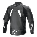 Veste en cuir Alpinestars GP Plus R V4 Airflow, vue arrière, noir et blanc, avec cuir perforé pour la ventilation, logos Alpinestars blancs sur les manches et le bas du dos, et panneaux stretch intégrés pour un pilotage de performance