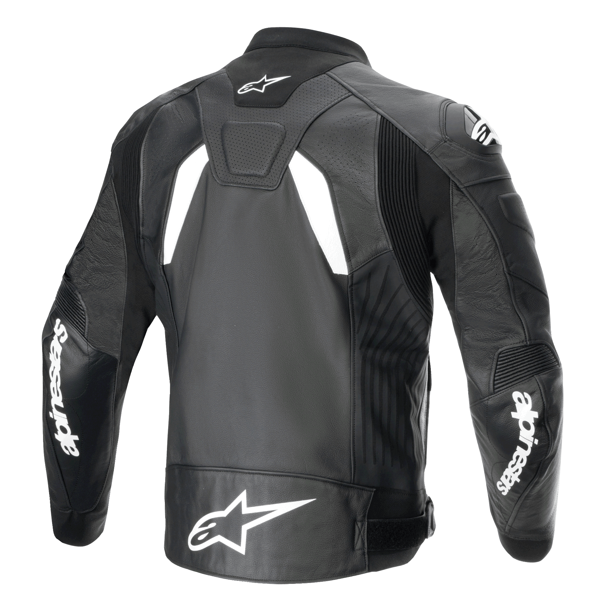 Veste en cuir Alpinestars GP Plus R V4 Airflow, vue arrière, noir et blanc, avec cuir perforé pour la ventilation, logos Alpinestars blancs sur les manches et le bas du dos, et panneaux stretch intégrés pour un pilotage de performance