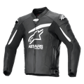 Veste en cuir Alpinestars GP Plus R V4 Airflow, noire et blanche, vue de face montrant le grand logo Astars blanc et le texte sur la poitrine, panneaux en cuir perforé pour la ventilation, sliders d'épaule DFS, poches zippées et sangles de réglage à la taille, équipement de moto racing en cuir premium