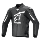 Veste en cuir Alpinestars GP Plus R V4 Airflow, noire et blanche, vue de face montrant le grand logo Astars blanc et le texte sur la poitrine, panneaux en cuir perforé pour la ventilation, sliders d'épaule DFS, poches zippées et sangles de réglage à la taille, équipement de moto racing en cuir premium