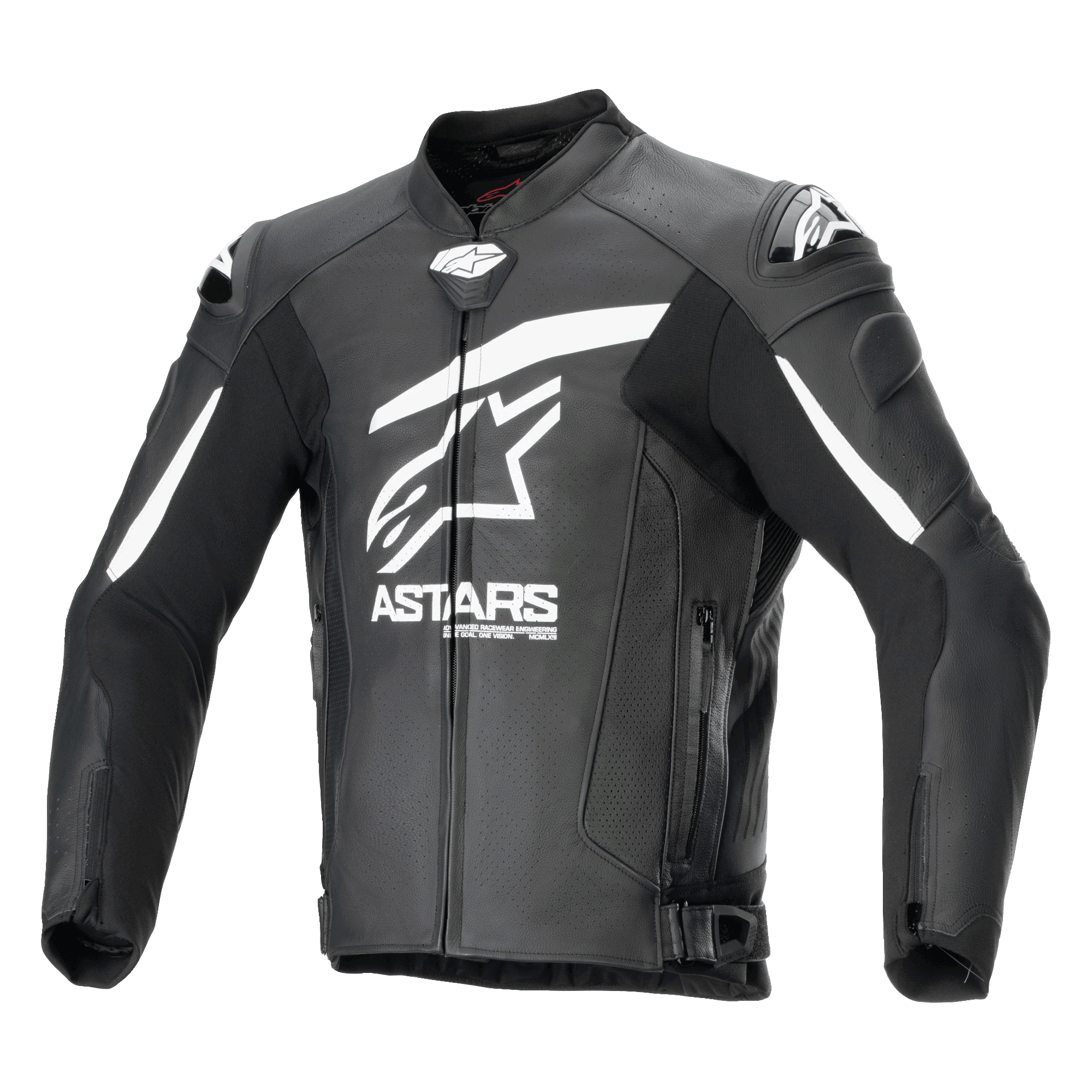Veste en cuir Alpinestars GP Plus R V4 Airflow, noire et blanche, vue de face montrant le grand logo Astars blanc et le texte sur la poitrine, panneaux en cuir perforé pour la ventilation, sliders d'épaule DFS, poches zippées et sangles de réglage à la taille, équipement de moto racing en cuir premium