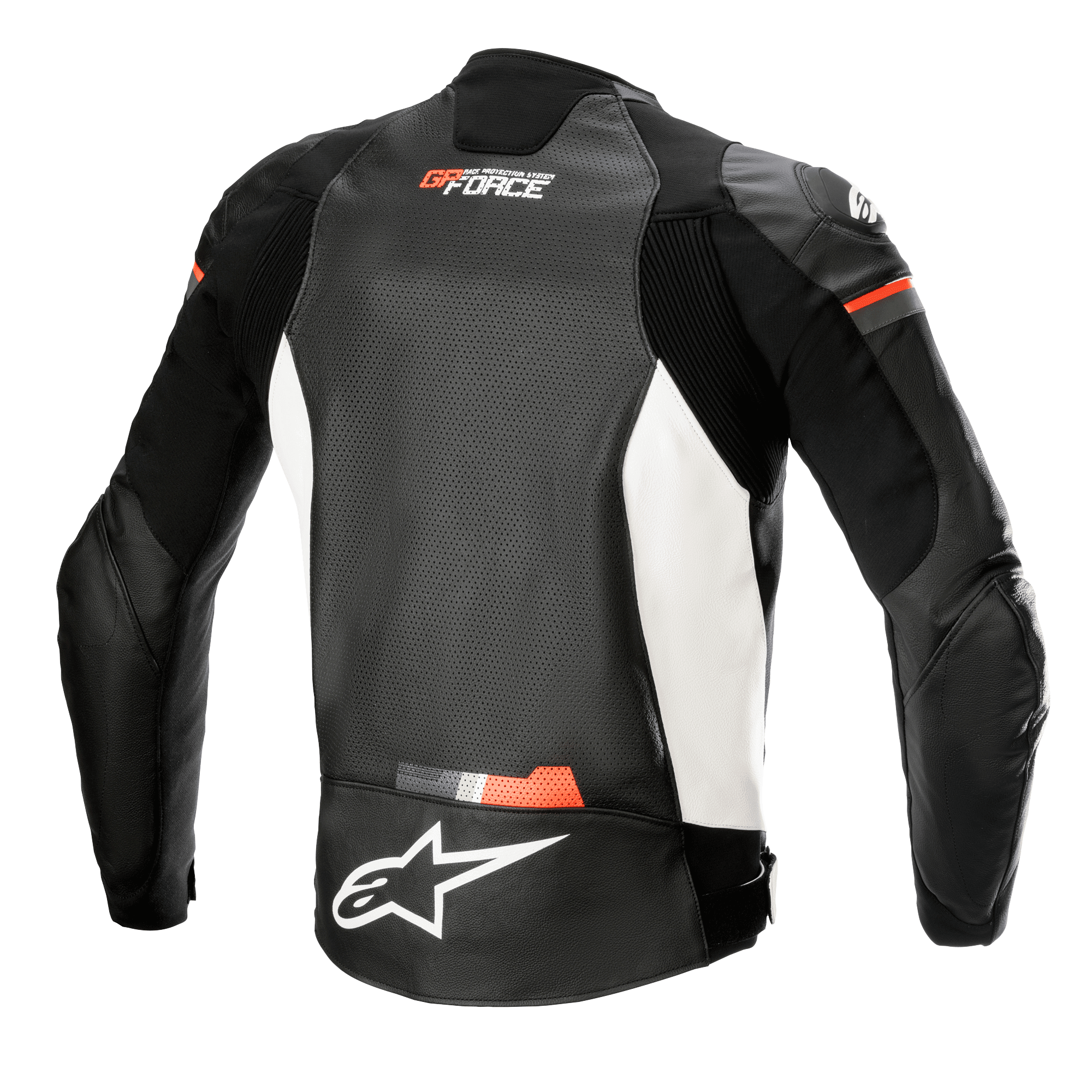 Veste en cuir Alpinestars GP Force Airflow, vue de dos, noir, blanc et rouge fluo, panneau arrière en cuir perforé pour la ventilation, inserts extensibles en accordéon sur les épaules et les côtés, logo Alpinestars blanc en bas du dos, marquage GP Force en haut du dos, vêtement de moto sportif