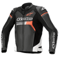 Blouson en cuir Alpinestars GP Force Airflow, noir avec accents blancs et rouge fluo, veste de moto de course en cuir perforé, doté de protections d'épaules DFS Lite, logos Alpinestars sur la poitrine et les manches, design sportif ventilé