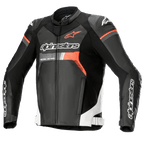 Blouson en cuir Alpinestars GP Force Airflow, noir avec accents blancs et rouge fluo, veste de moto de course en cuir perforé, doté de protections d'épaules DFS Lite, logos Alpinestars sur la poitrine et les manches, design sportif ventilé