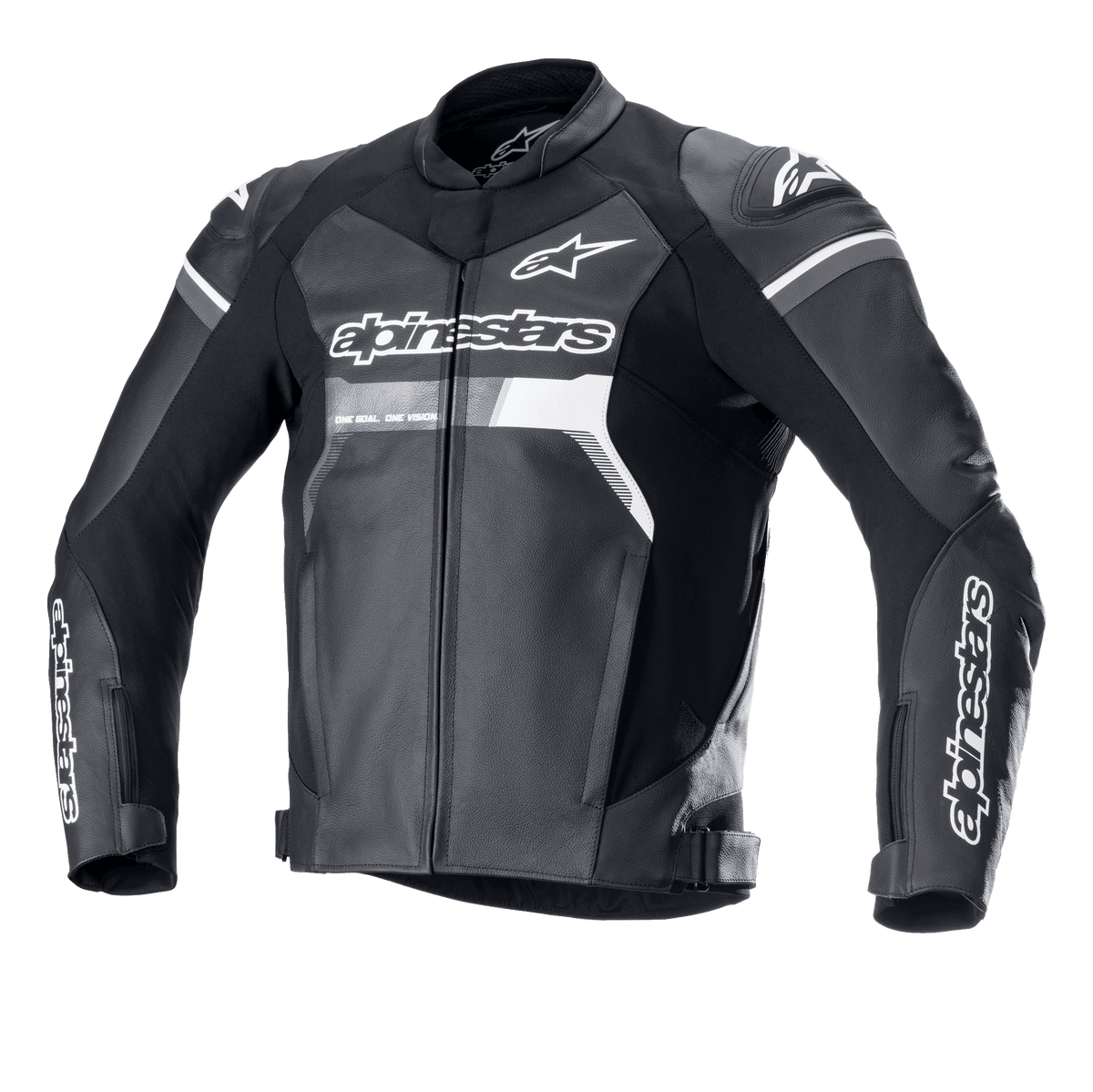 Veste en cuir Alpinestars GP Force, noire avec accents blancs et gris, veste de course moto, conception en cuir de bovin premium, logos Alpinestars sur la poitrine et les manches, sliders d'épaule DFS Lite, coupe sport ergonomique pour la route