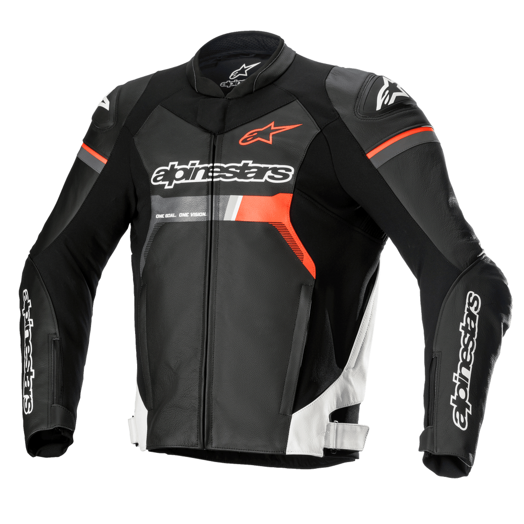 Alpinestars GP Force Leather Jacket, Motorcycle Racing Jacket, Black with White and Red Fluo accents, featuring prominent Alpinestars branding on the chest and sleeves, premium bovine leather construction with DFS Lite shoulder protectors, sleek aerodynamic silhouette